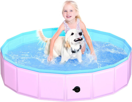 2025 Updated Foldable Dog Pool, 47" x 12" Kiddie Pool with Hard Plastic, Non-Slip Dog Bath Tub for Outdoor Backyard, Collapsible Dog Swimming Pool for Kids Dogs Pets (Pink)