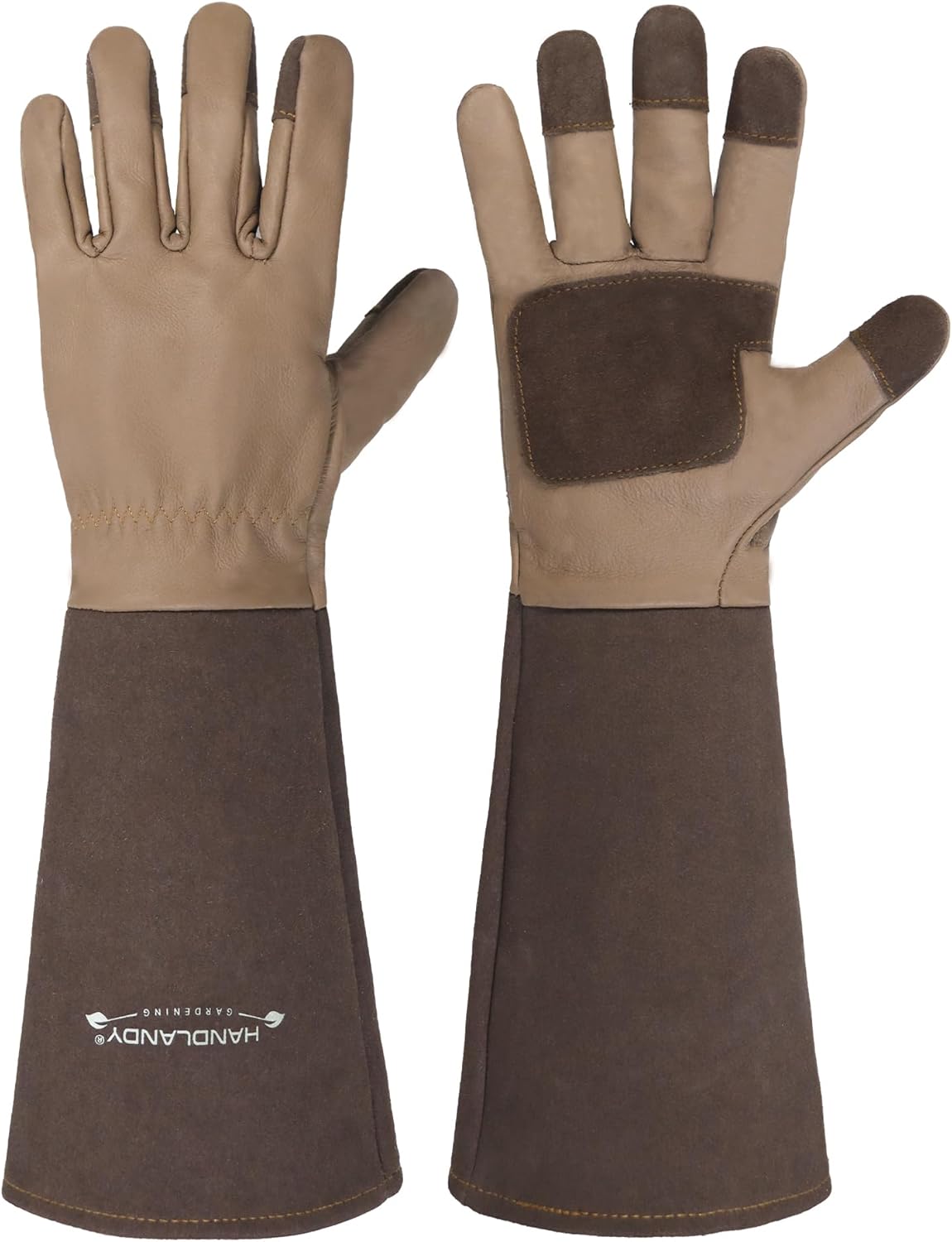 HANDLANDY Long Gardening Gloves for Men & Women, Cowhide Leather Rose Pruning Gloves- Breathable & Durable Gauntlet Glove (Small, Brown)