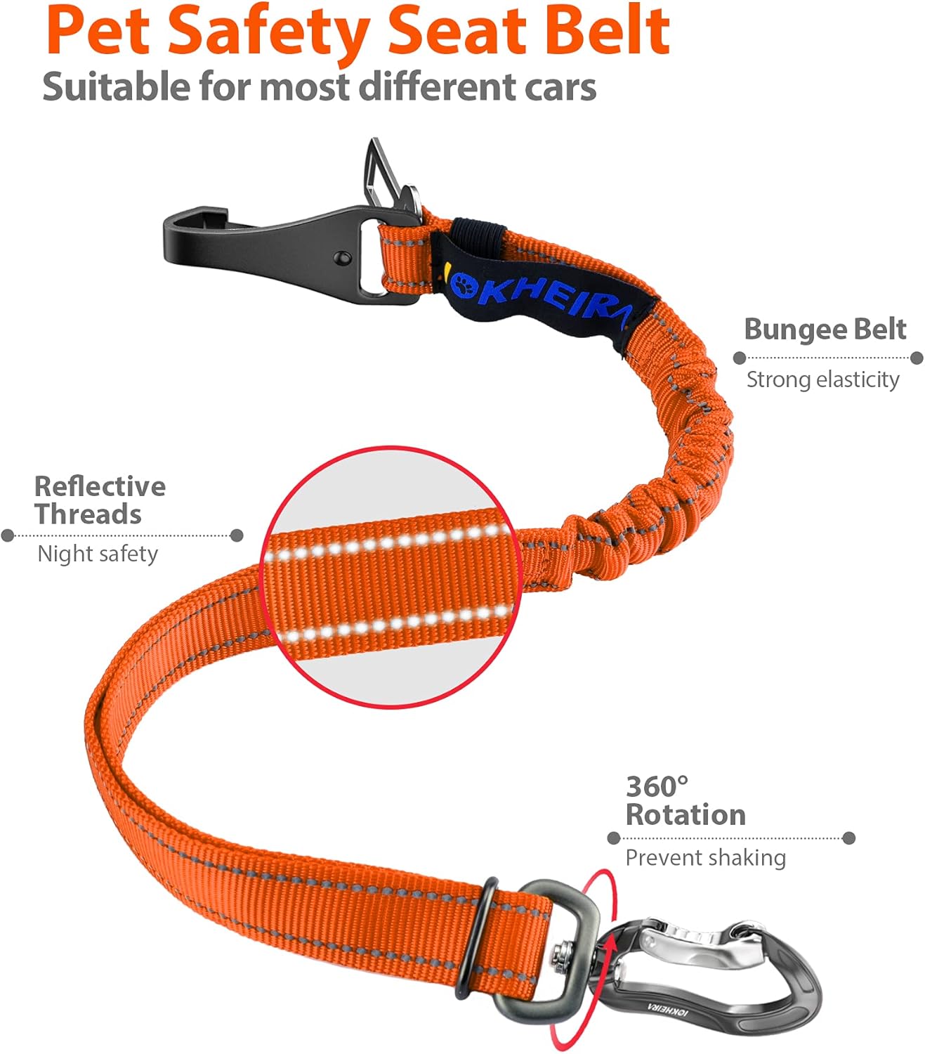 IOKHEIRA Orange Dog Seatbelt - Adjustable Reflective Bungee Harness with Aluminum Swivel Carabiner