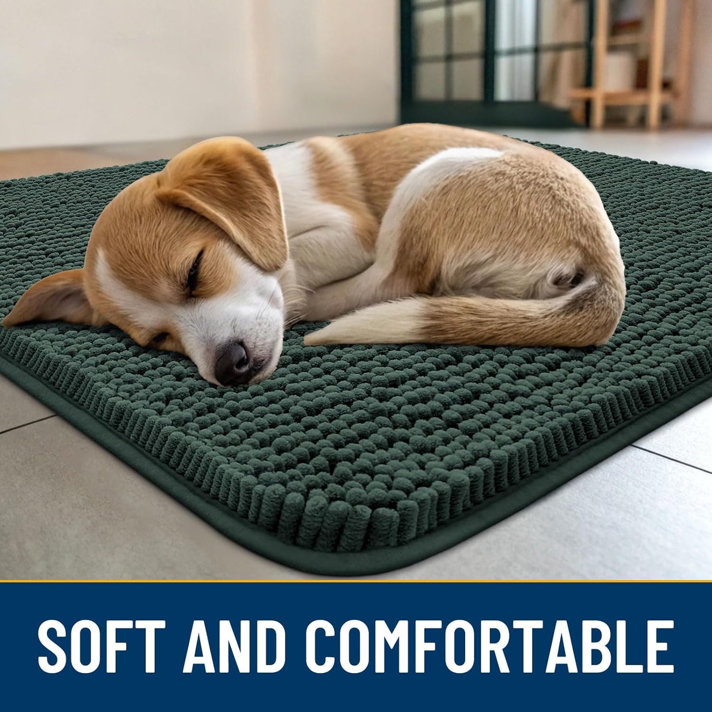 Smiry Dog Door Mat for Muddy Paws 48x30, Absorbs Moisture and Dirt Doormat, Non-Slip Washable Quick Dry Chenille Front Door Mat Indoor Entrance, Entryway Carpet for Inside Floor, Green