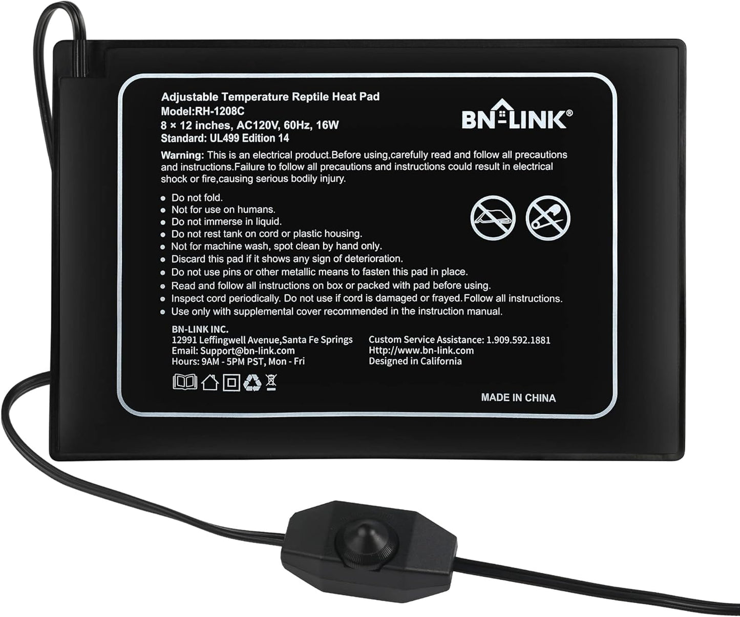 BN-LINK Reptile Heating Pad 8" X 12" with Adjust Knob, Adjustable Temperature Electric Indoor Under Tank Terrarium Heating Mat Waterproof for Turtles, Lizards, Frogs, and Other Reptiles