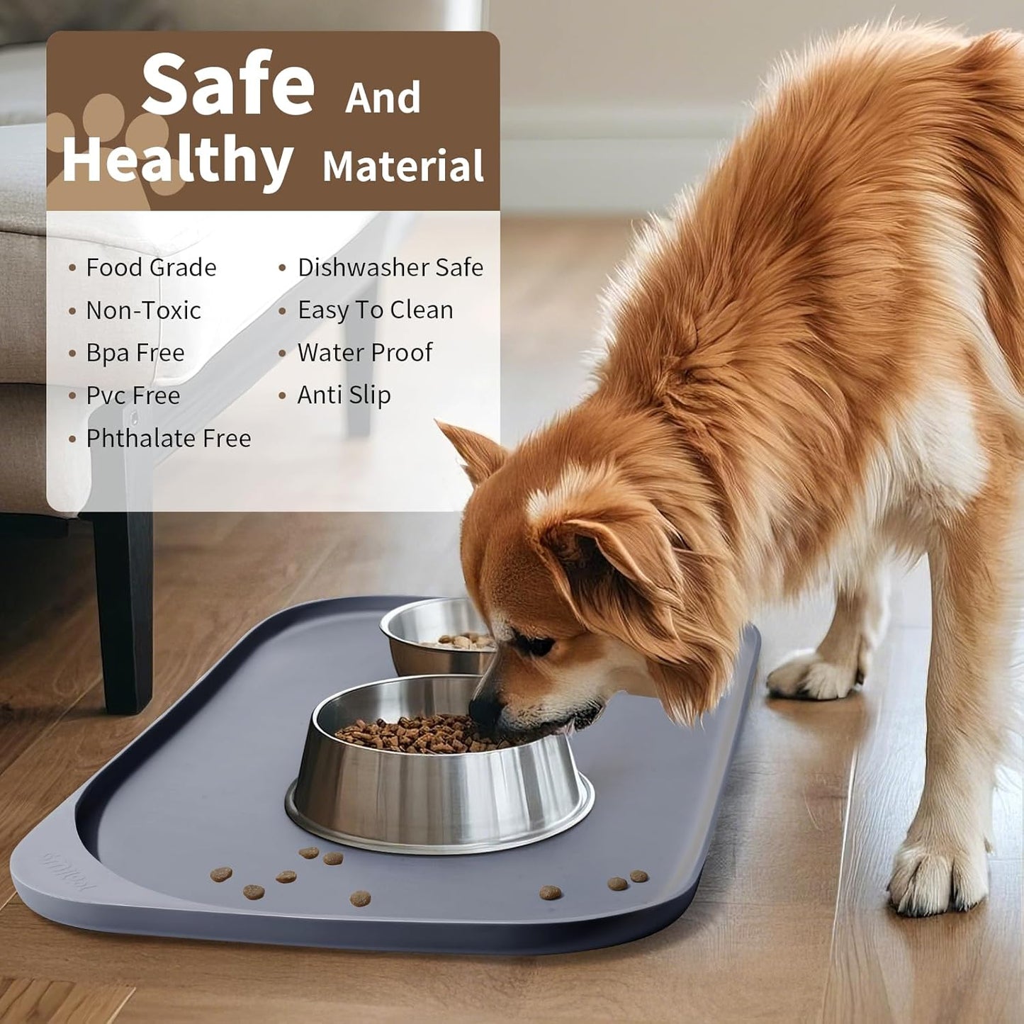 Silicone Pet Feeding Mat with Raised Edge & Residue Collection Pocket for Food and Water, Dog Bowl Mats, Cat Bowls Placemat with High Lip for Floor Waterproof, 24 x 16 x 0.8 Light Gray
