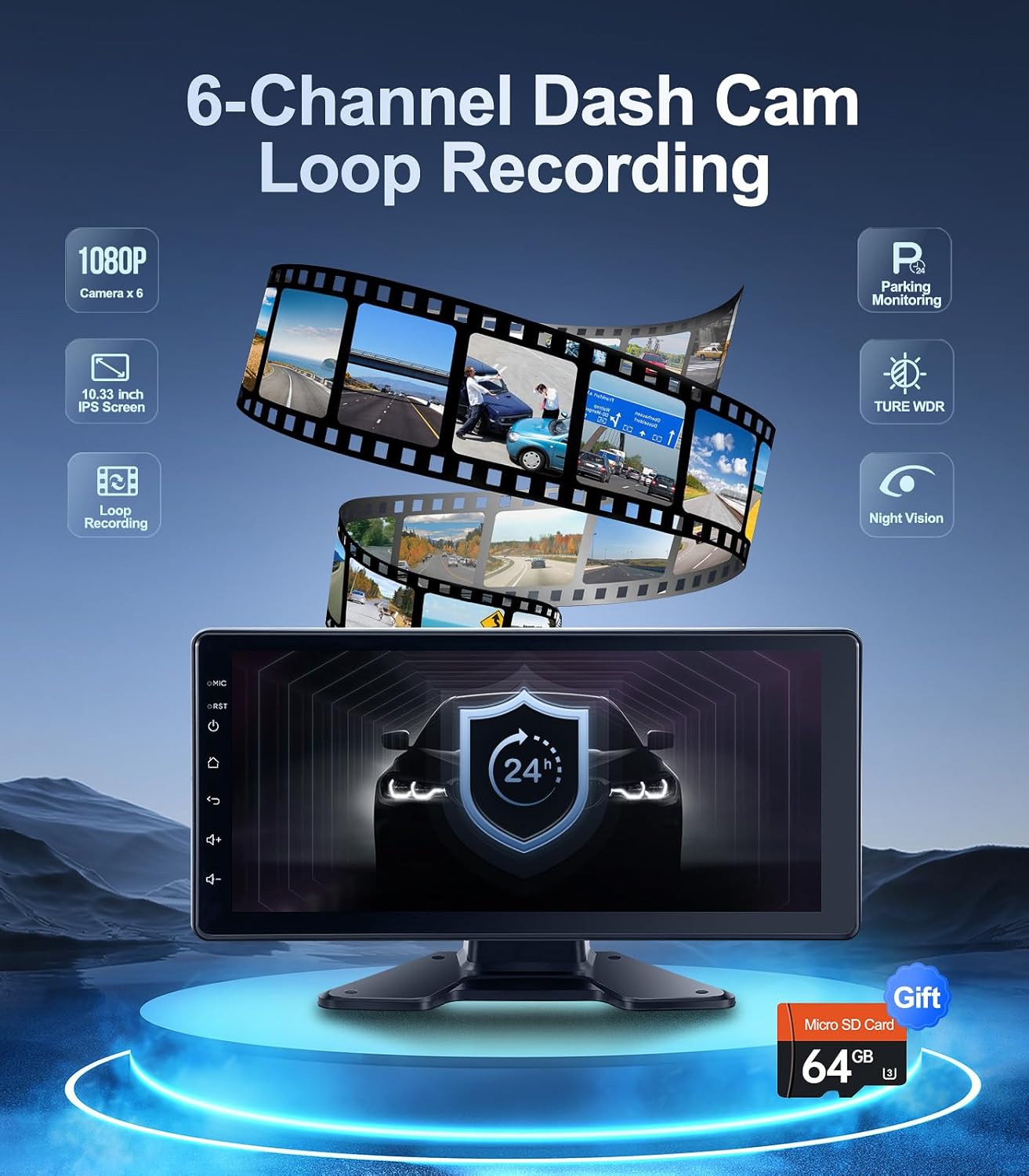 6-Channel 1080P Dash Cam Backup Camera System with 10.33 Inch Touch Screen Parking Monitor, Back Up Camera Car Radio for RV/Truck/Trailer/Van/SUV/Cars,Wireless Carplay/Android Auto/WiFi/Bluetooth/FM