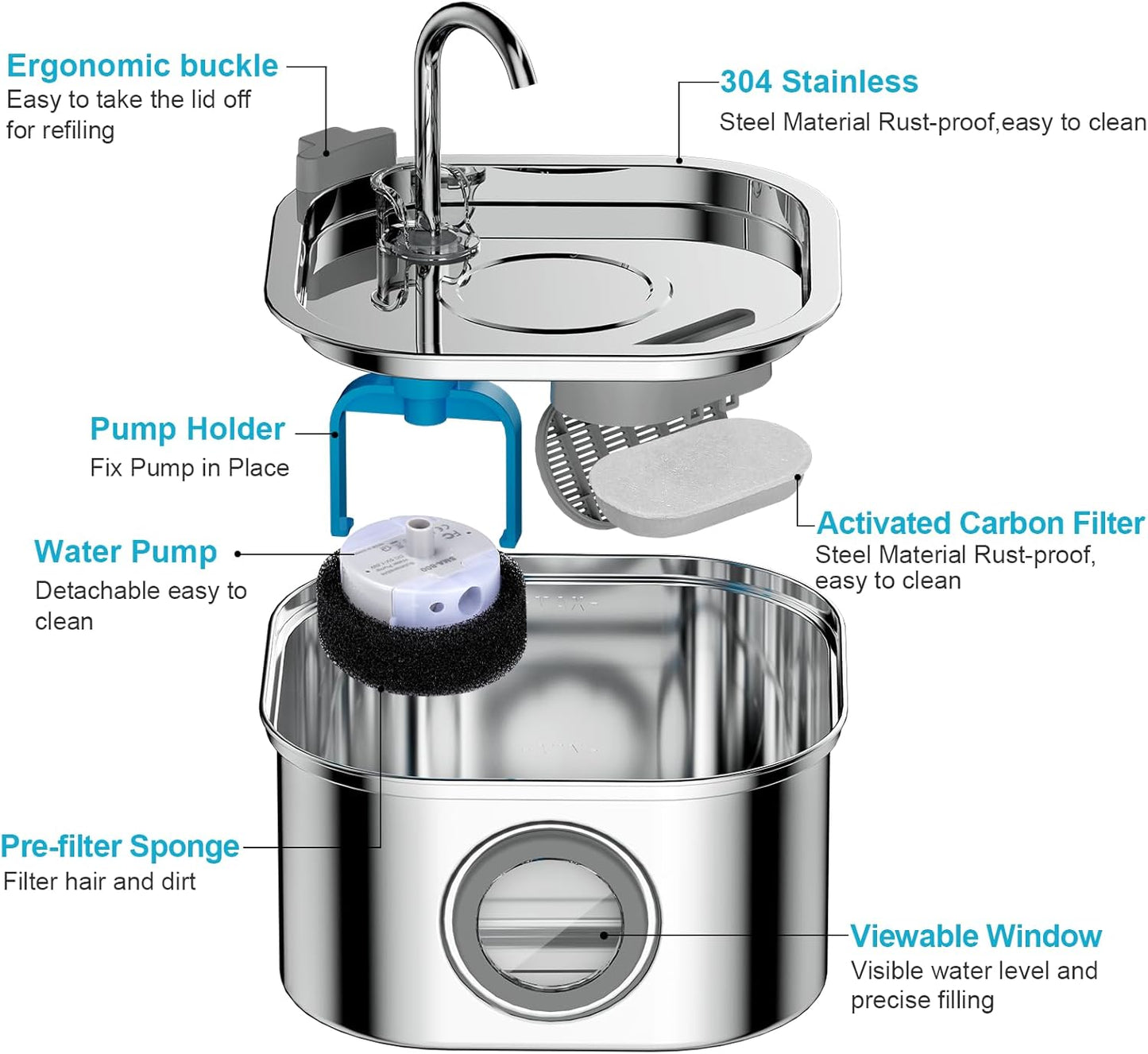 Cat Water Fountain Stainless Steel: 108oz/3.2L Automatic Pet Water Fountain - Dog Water Dispenser with Water Level Window - for Cats Inside with 4 Replacement Filters and 4 Sponges