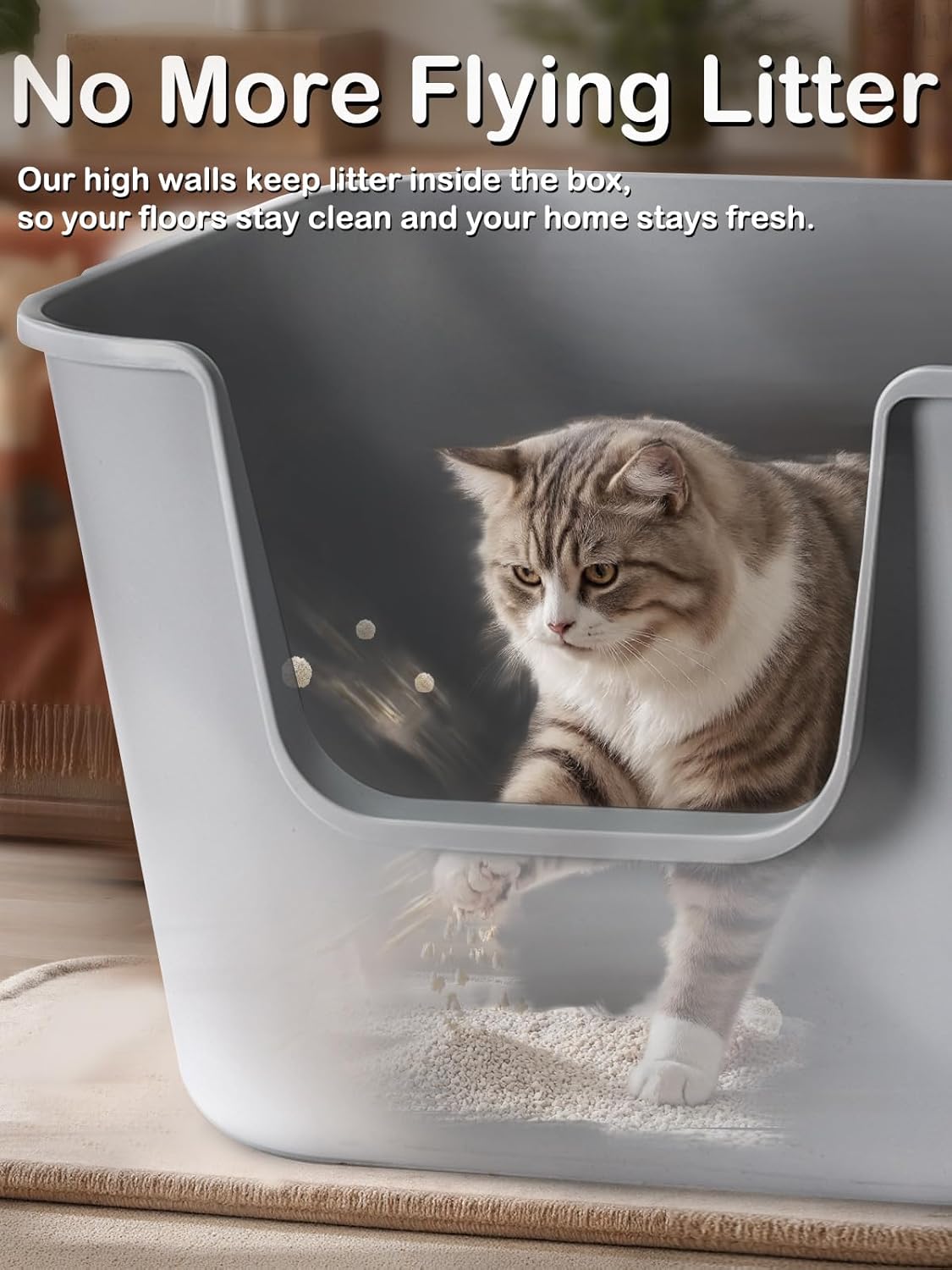 Extra Large Cat Litter Box with High Sides - Splash-Proof Design for Big Cats & Multi-Cat Homes, 24.6in x 16.7in x 12.8in (Gray)