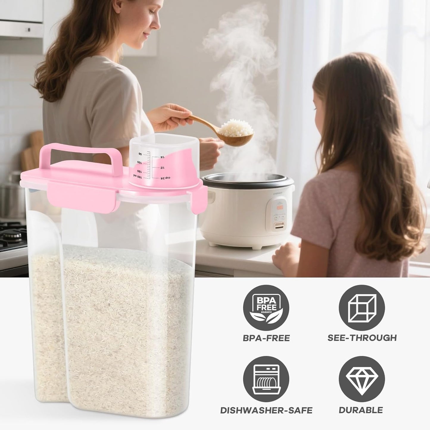 Rice Storage Container 10 Lbs, Pet Cat Dog Food Storage Container with Larger Spout and Cup, Airtight Cereal Containers Storage Food Cereal Dispenser, Kitchen and Pantry Organization Bin-Pink