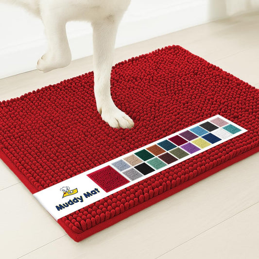 Muddy Mat® Shown on TV – Super Absorbent Microfiber Dog Door Mat for Muddy Paws, Non-Slip Washable Pet Rug, Quick Dry Chenille Entryway Carpet, Machine Washable Indoor Outdoor mat, Red 35"x24"