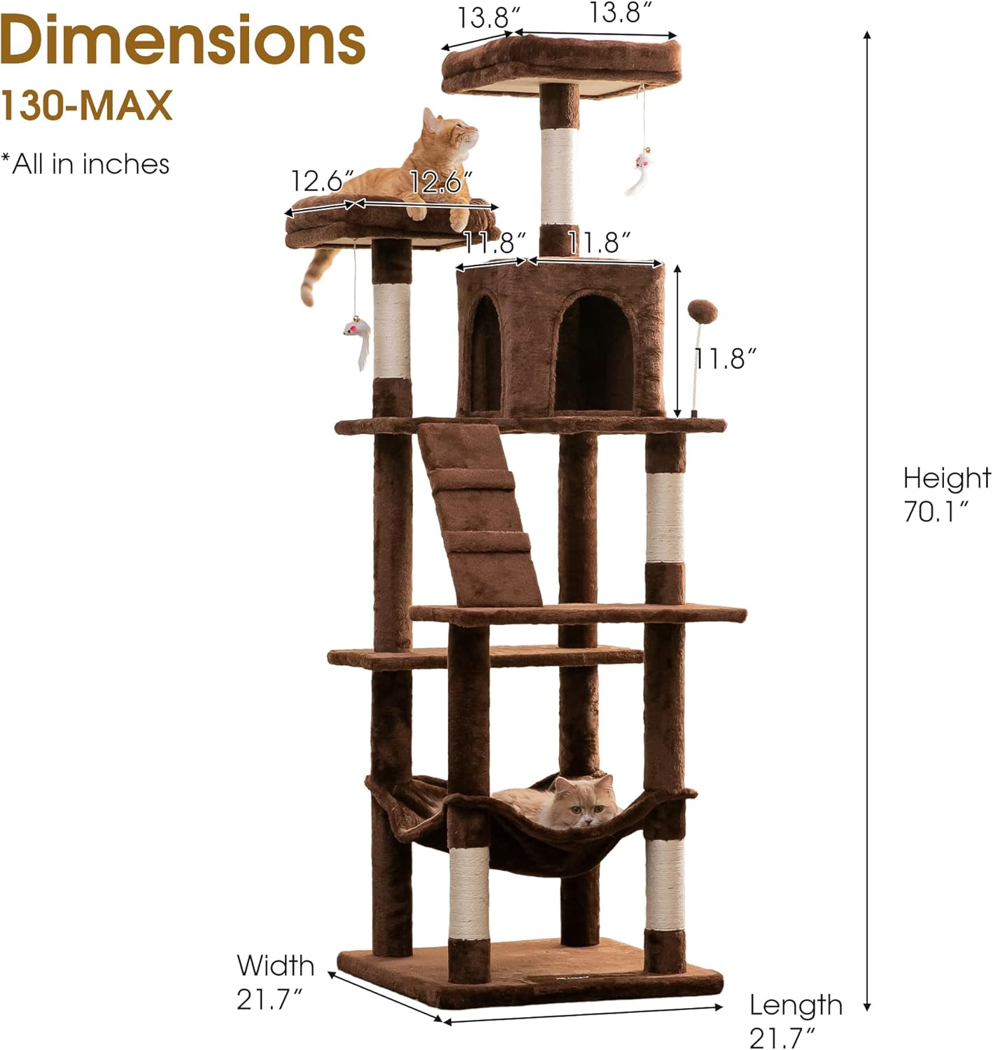 MWPO 70.1-Inch Large Cat Tree, Multi-Level Tall Cat Tower for Indoor Cats, Plush Cat Condo with Big Padded Perches, Sisal-Covered Scratching Posts, Hammock, Toys for Kittens & Cats - Brown