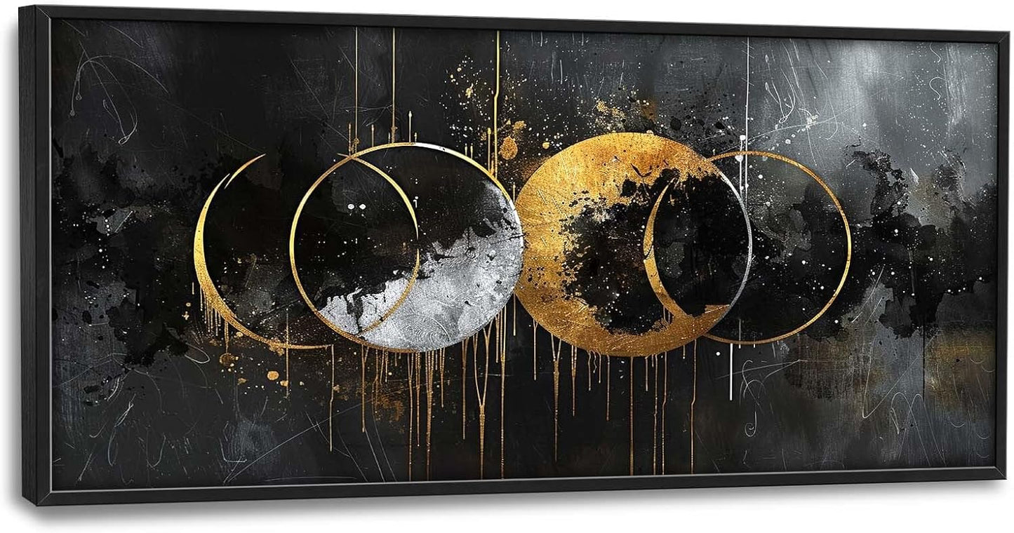 Quorin Abstract Sun Moon Large Wall Art Black and Gold Circle Pictures Sun and Moon Wall Decor Canvas Print Painting Artwork for Bathroom Living Room Bedroom 60L x 30W