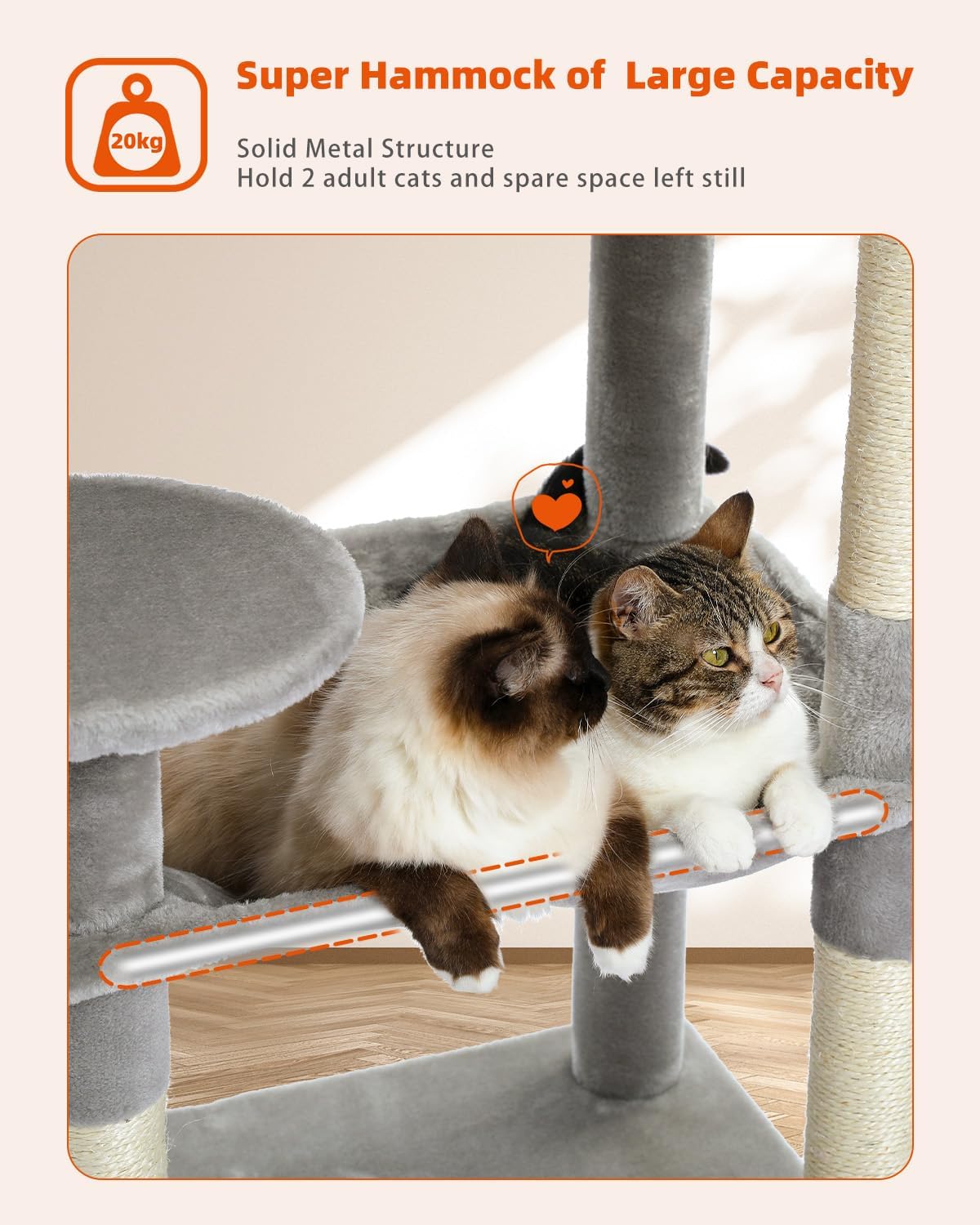 PETEPELA 56.3'' Tall Cat Tree for Indoor Cats, Multi-Level Cat Tower with Super Large Hammock (20''X16''), Sisal Covered Scratching Posts, Cozy Condo and Top Perch Grey