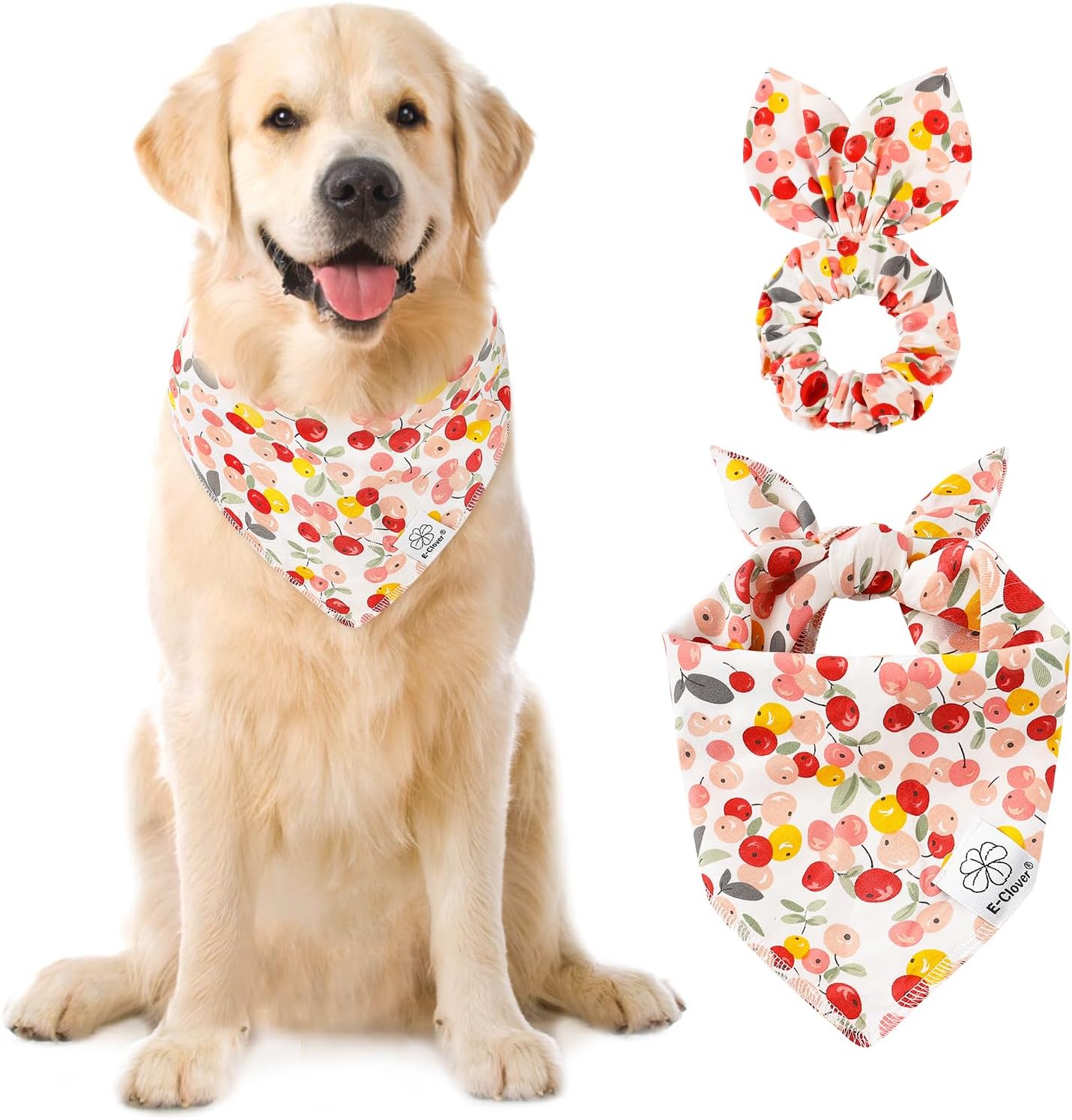 E-Clover Pink Floral Dog Bandanas & Matching Scrunchie Set Cute Dog Scarf Bibs Pet Bandana with Bow Tie for Medium Large Dogs Owner Mom Spring Summer