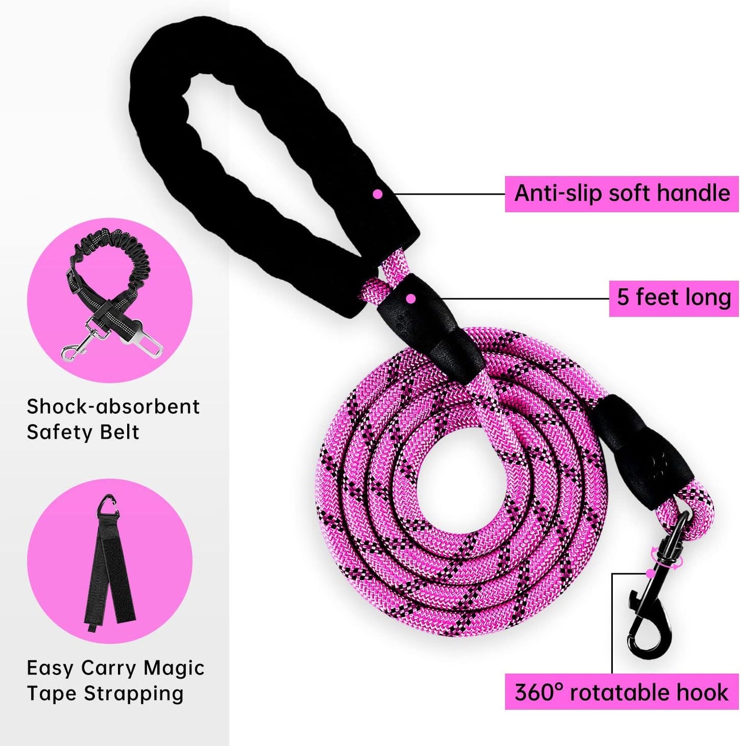 IVY&LANE No Pull Dog Harness for Medium Dogs,Dog Vest Harness with Leash,Safety Belt and Storage Strap, Fully Adjustable Harness,360° Reflective Strip,Soft Handle (Fuchsia Pink,M)