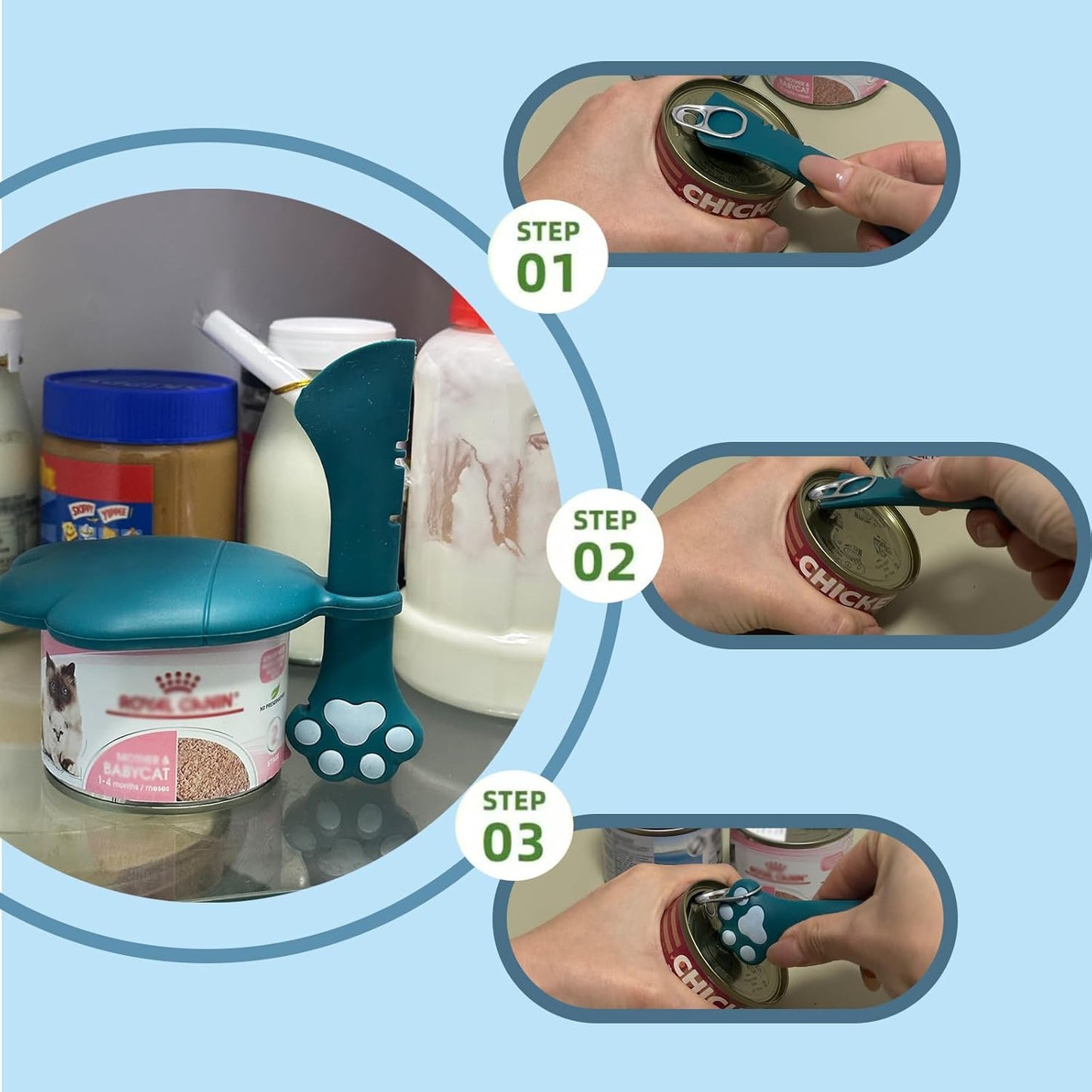 Cat Food Can Spoon & 3 Pcs Can Lids | Cute Paw Shape Can Covers & Cat Can Opener for Wet Food | Universal BPA Free Silicone for Cats and Dogs Food(Dark Blue)