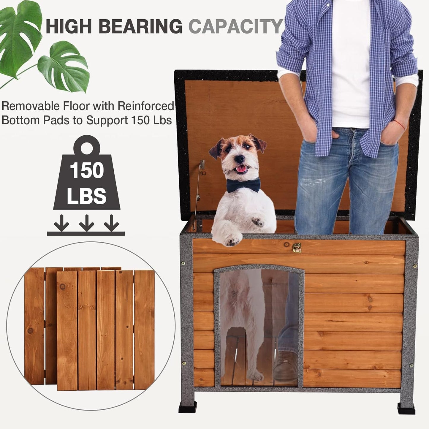 Wooden Dog House Outdoor with Iron Frame, Weatherproof Dog Kennel with Removable Floor, Anti Bite Puppy Shelter with Openable Roof (Brown, 33.5'' x 25.2'' x 22'')