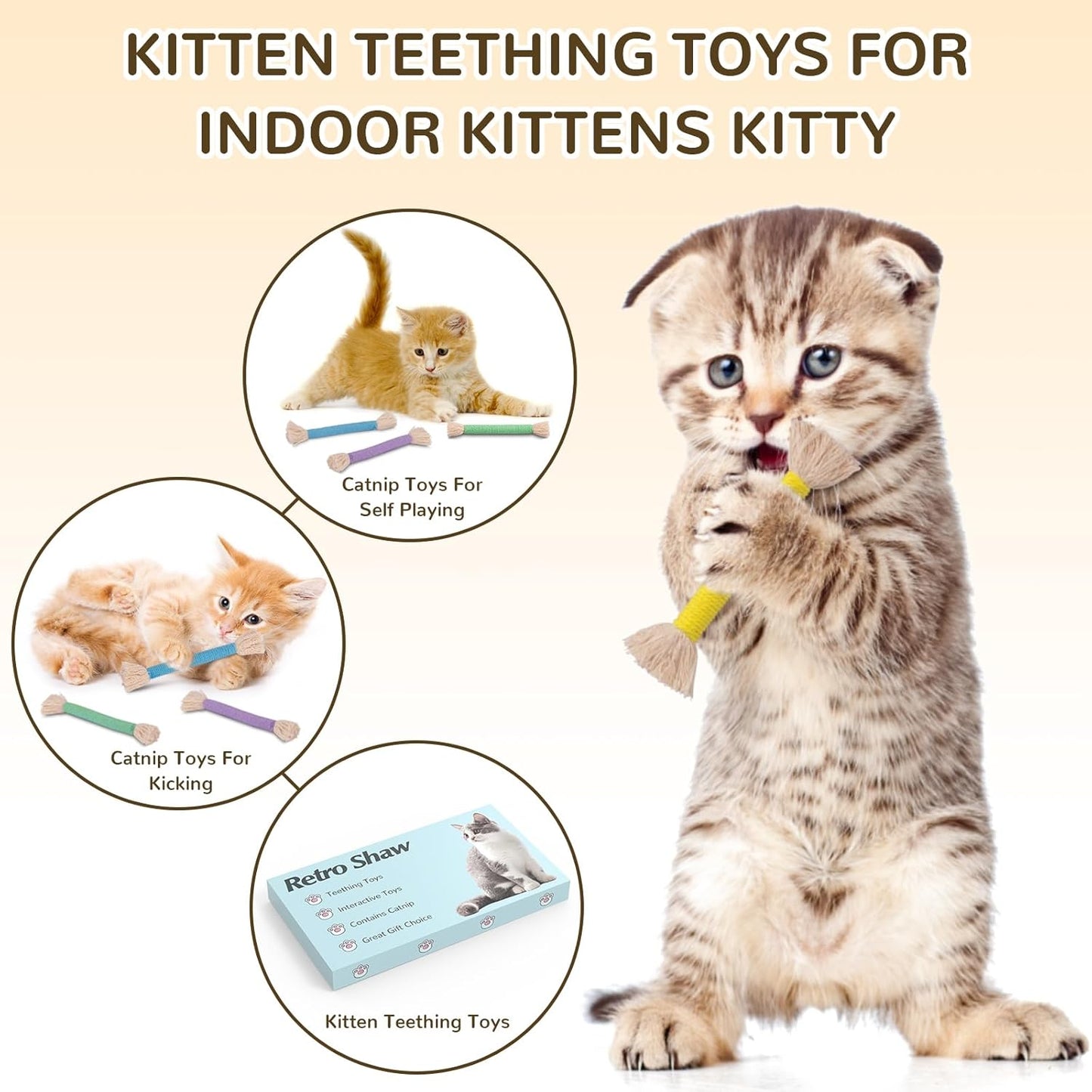 Retro Shaw Kitten Toys Catnip Ropes Cat Chew Toys, 6 Pack, Kitten Teething Toys for Indoor Cats Kitty, Safe Kitty Kicker Sticks Dental Toy