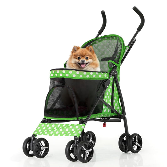 MoNiBloom 4 Wheels Pet Stroller, Easy-Fold Umbrella Shaped Dog Cat Jogger Stroller w/Storage Bag & Visible Mesh for Small/Medium Dogs Cats Lawn Green Polka Dots