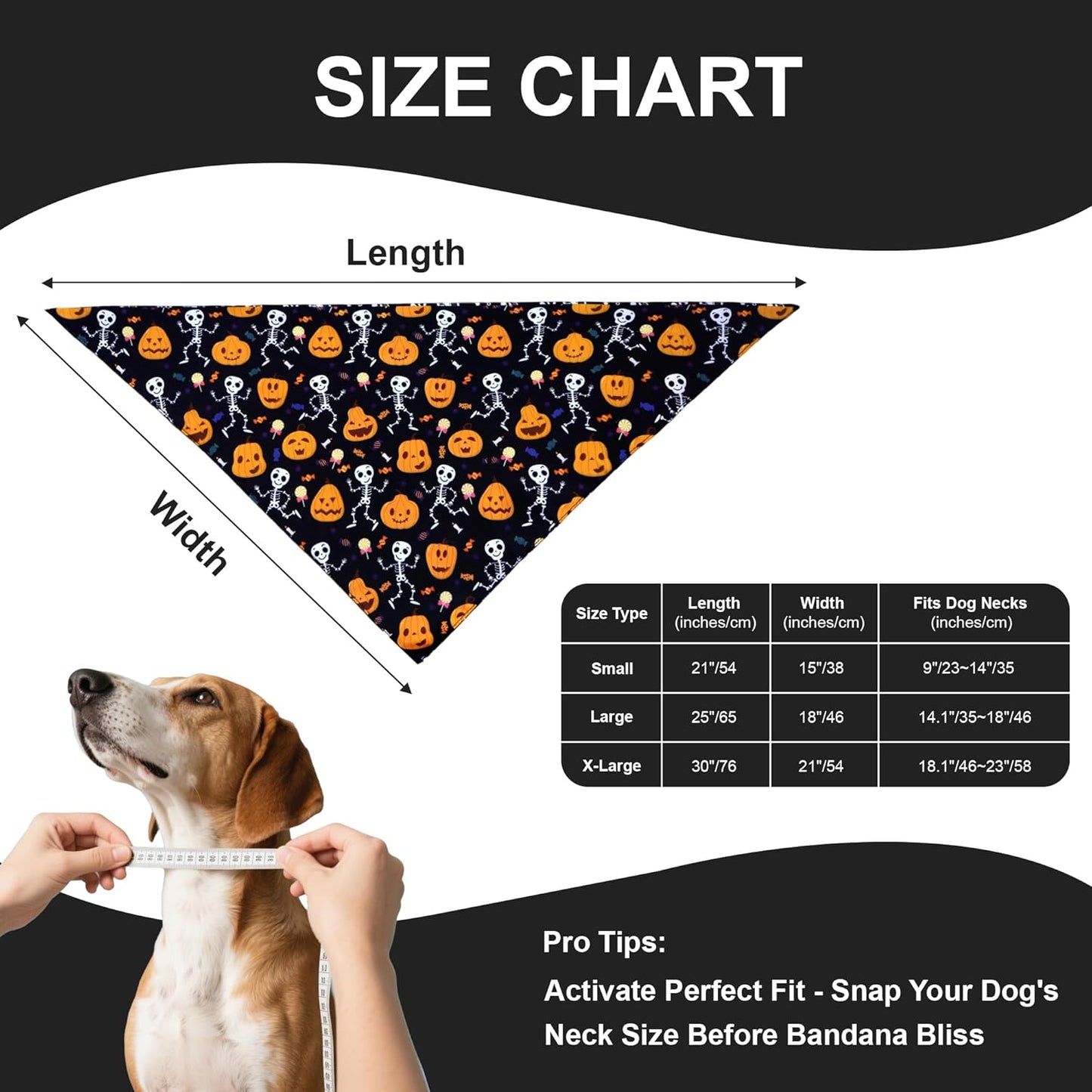 Halloween Dog Bandana for X-Large Dogs - Reversible Black Skull Pumpkin Print Scarf - Soft & Quick-Dry for Costume Parties
