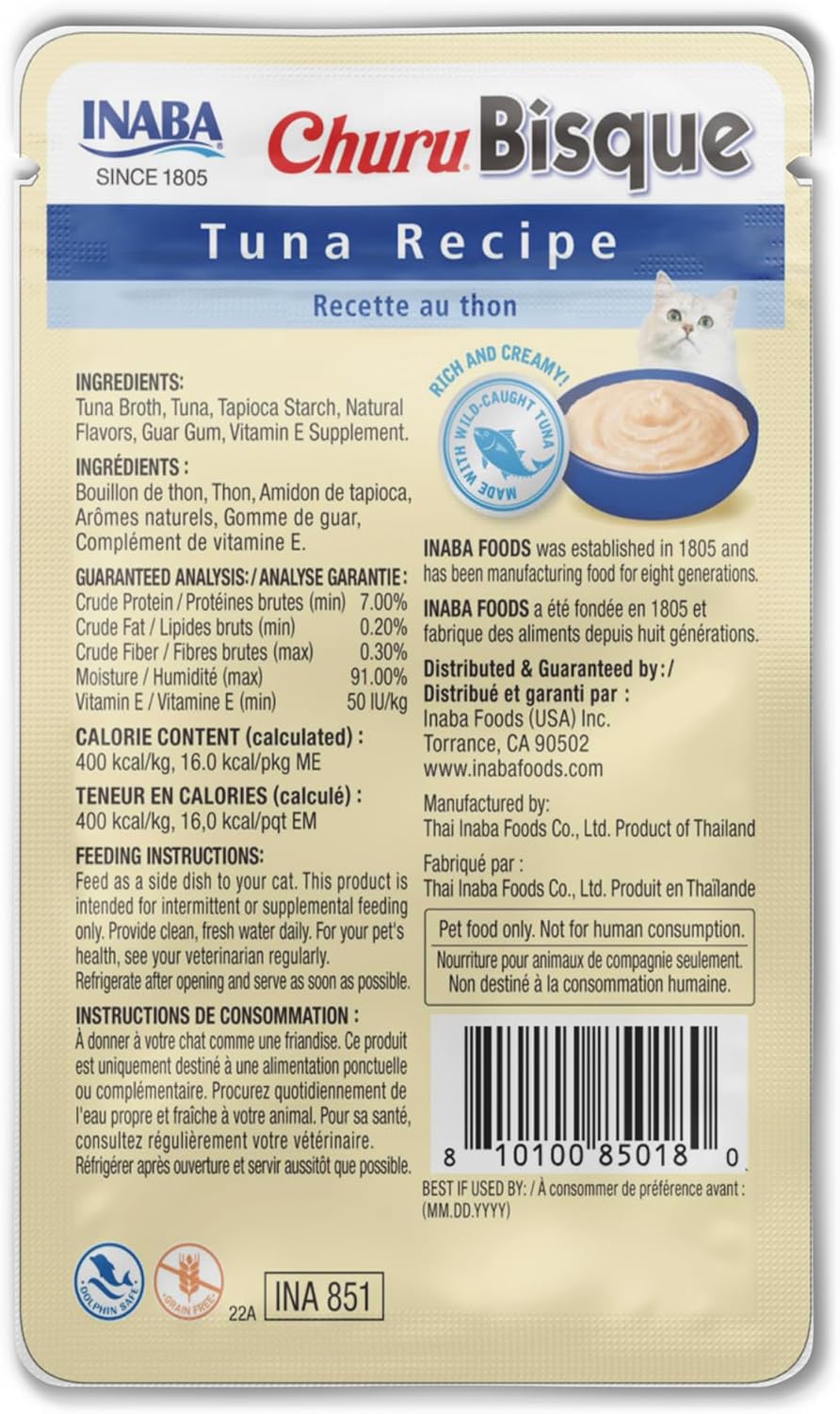 INABA Churu Bisque for Cats, Creamy Lickable Purée Side Dish with Vitamin E, 1.4 Ounces per Pouch, 12 Pouches, Tuna Recipe