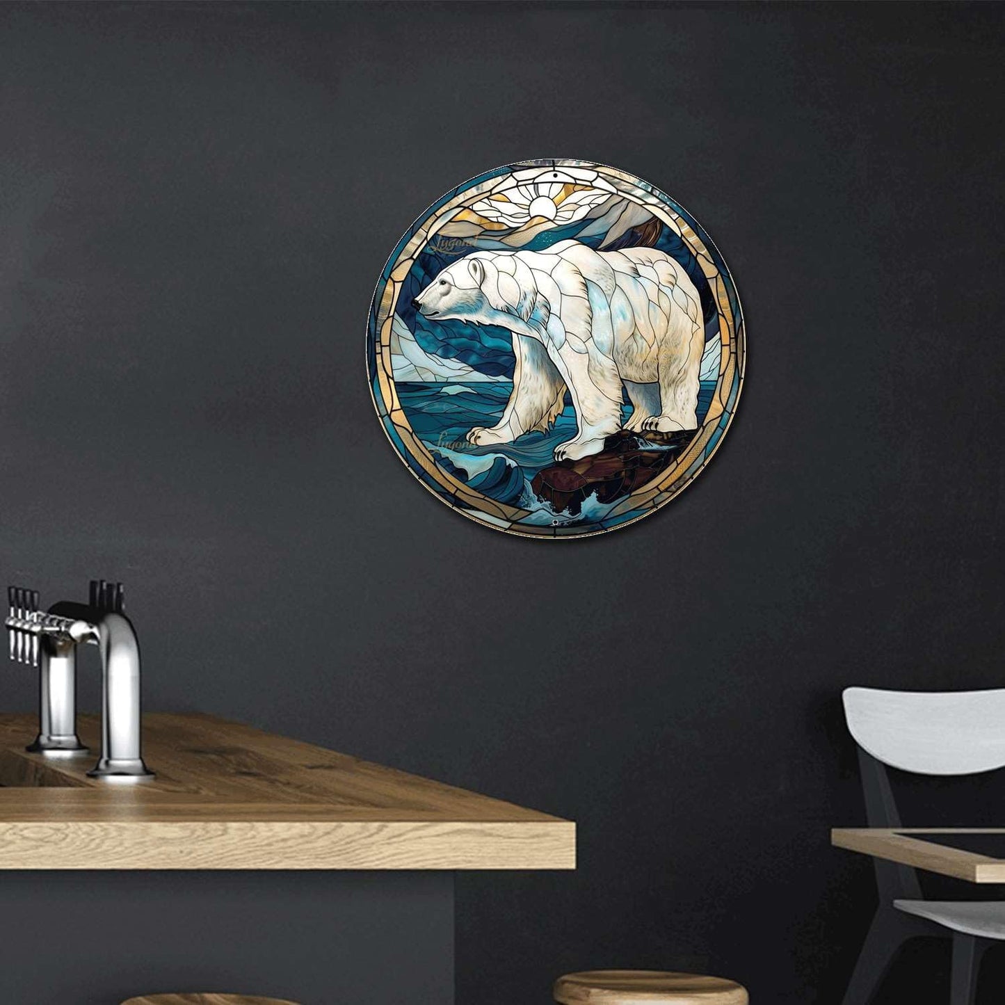 Lygond Metal Tin Sign - Circular Stained Glass Polar Bear Garage Sign For Home Decor - 8x8 Inches