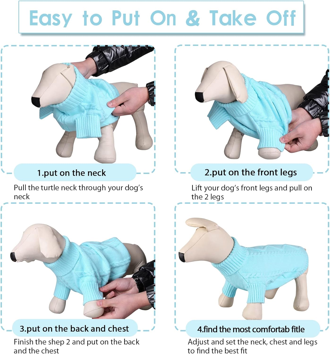 Queenmore Small Dog Pullover Sweater, Cold Weather Cable Knitwear, Classic Turtleneck Thick Warm Clothes for Chihuahua, Bulldog, Dachshund, Pug (Sky Blue, Small)