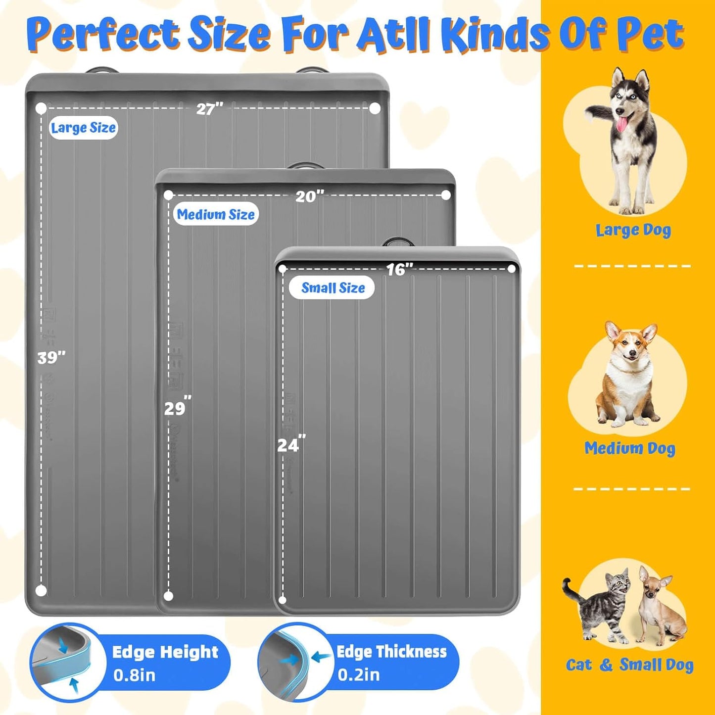 Dog Feeding Mat - 39''x27'' Large Silicone Pet Food Mats with Residue Collection Pocket and High Edges, Floors Waterproof Dog Cat Bowl Mat Prevent Water Food Spills, Light Grey