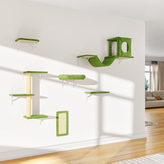 NUNU LAB Wall Mounted Cat Furniture, 6 Pcs Cat Wall Shelves with Condo House, Bridge, Steps, Scratcher, Hammock, Indoor Safe & Stable Furniture for Kittens Play, Green