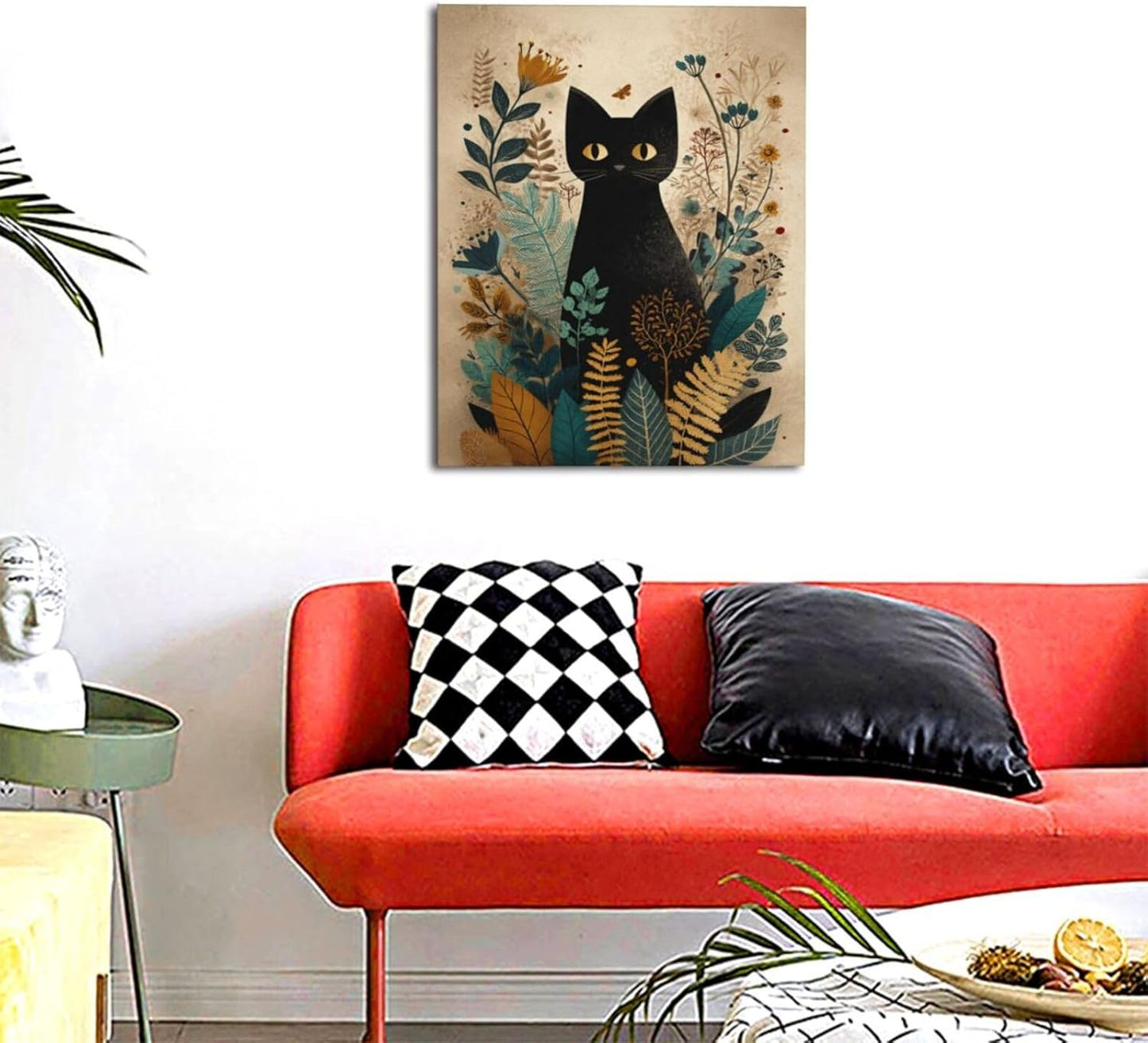 Boho Black Cat Wall Art Kitten Botanical Wall Decor Mid Century Modern Canvas Painting Print Minimalist Pictures Artwork Framed Decorations Gifts for Cat Lover Bathroom Nursery Living Room Bedroom Kitchen 16"x20"