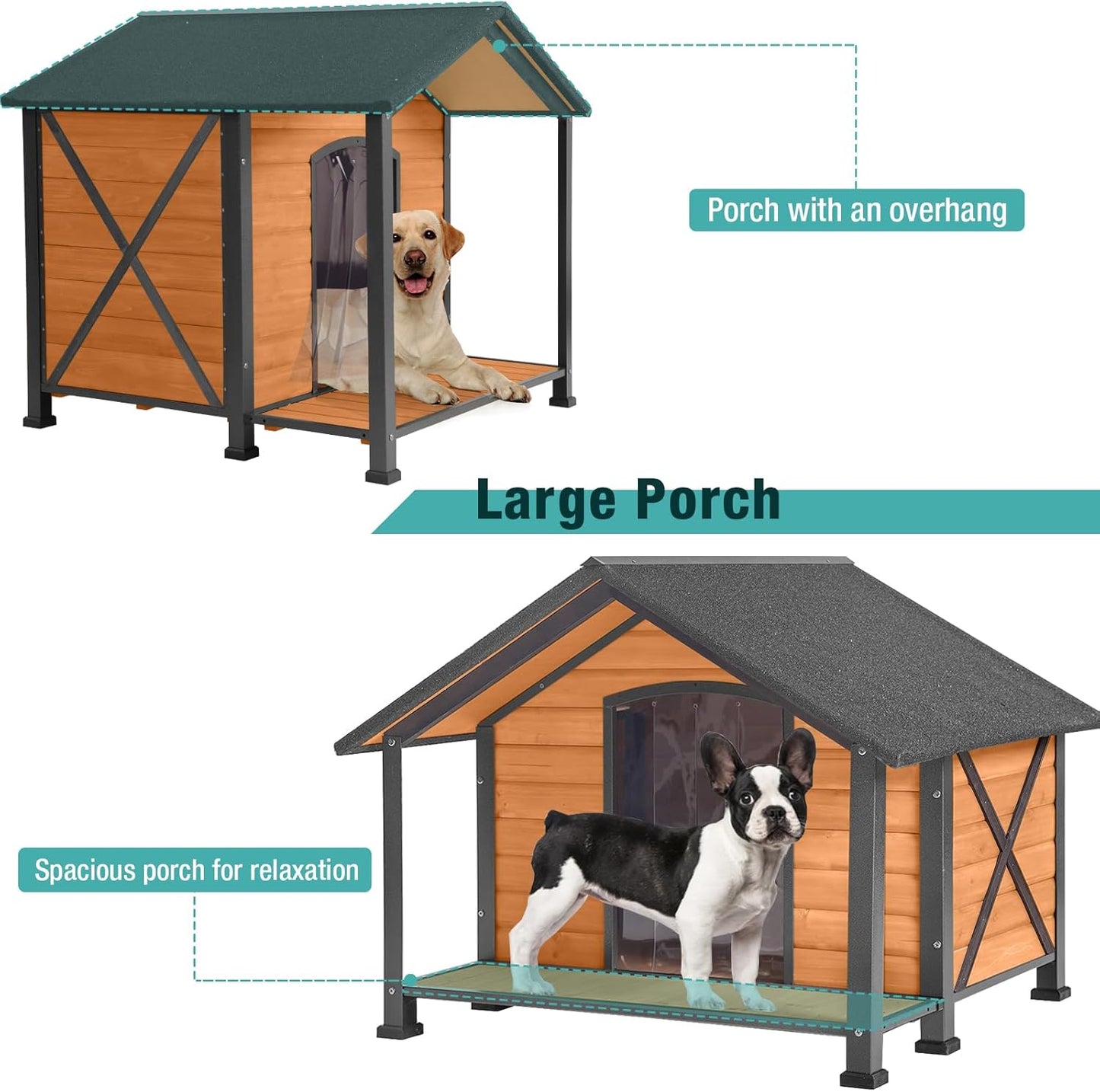 Outdoor Dog House,Weatherproof Wooden Dog Shelter for Medium and Large Sized Dogs,Iron Frame Indoor Outdoor Kennel,Pets Warm House in Winter with Large Porch (34.25"D x40.59"W x 31.5"H -IN)