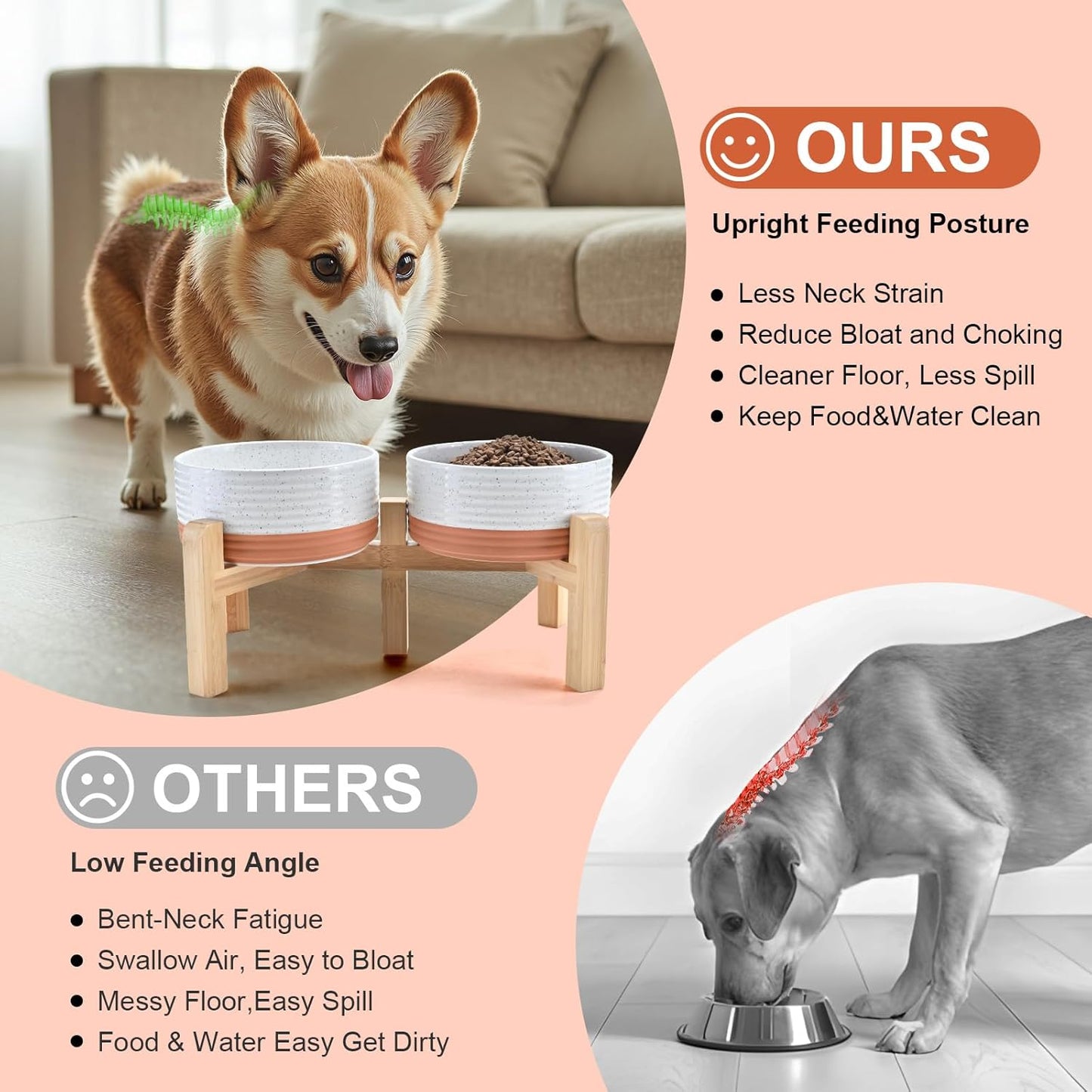 SPUNKYJUNKY Elevated Dog Bowls Ceramic, 6.1'' Dogs and Cat Food Water Bowls Raised with Non-Slip Bamboo Stand for Medium Sized Breed Microwave Dishwasher Safe - 28.7 OZ,Pattern White