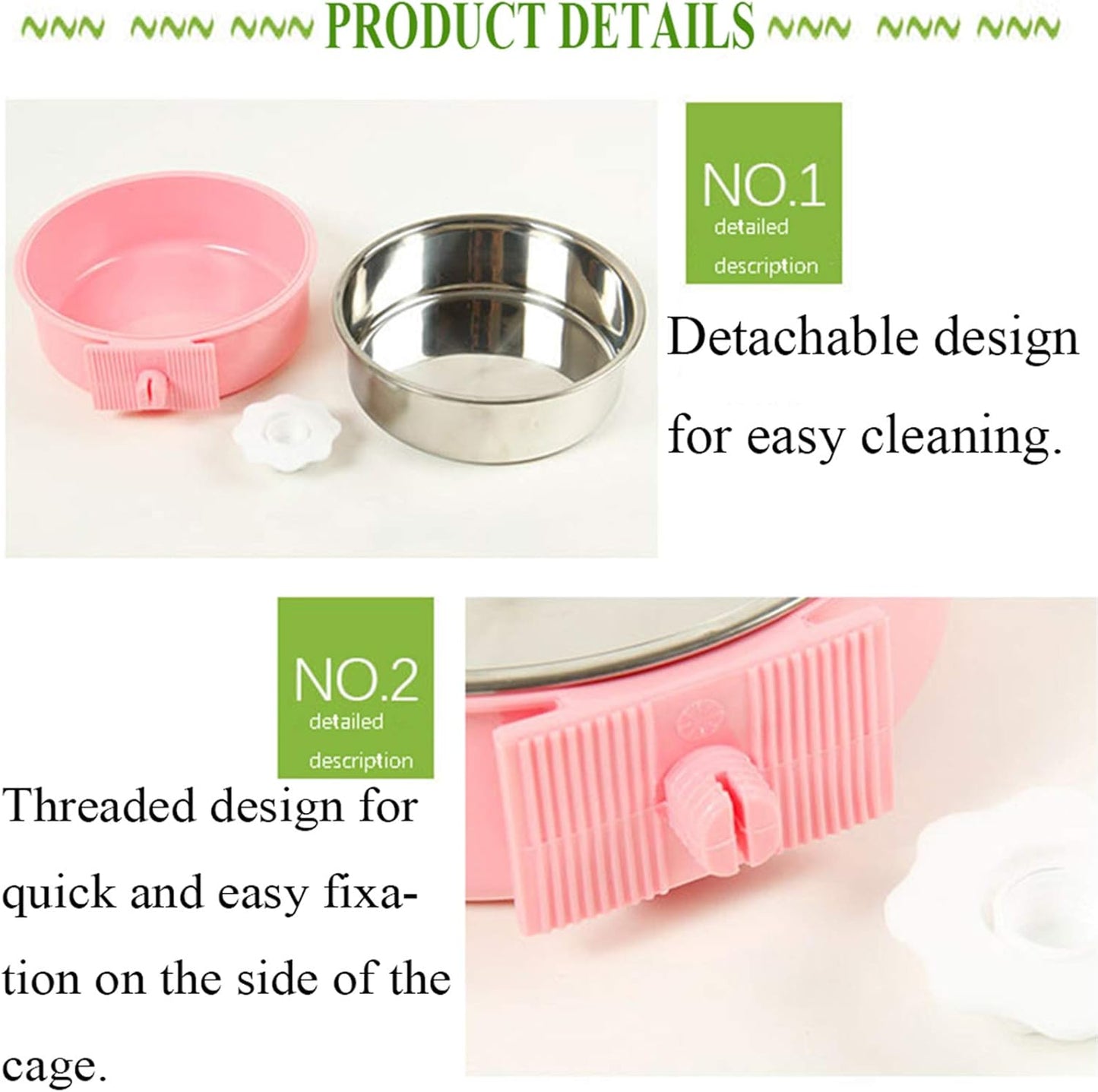 kathson Crate Dog Bowl, Removable Stainless Steel Hanging Pet Cage Bowl Food & Water Feeder Coop Cup for Cat, Puppy, Birds, Rats, Guinea Pigs 2pcs(Green,Pink)