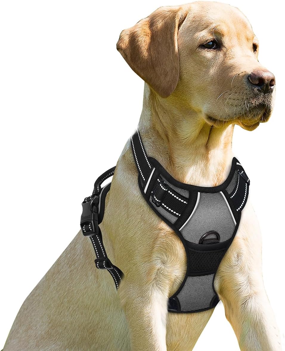 BARKBAY No Pull Dog Harness Front Clip Heavy Duty Reflective Easy Control Handle for Large Dog Walking(Dark Grey,L)