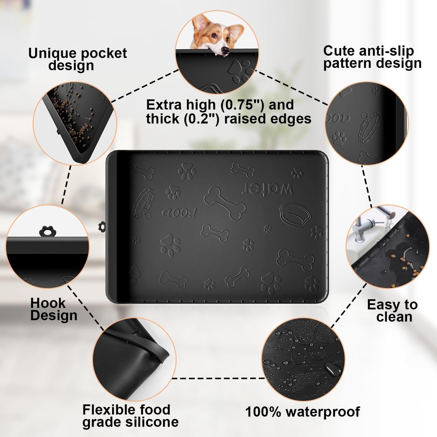Dog Food Mat - Silicone Dog Mat for Food and Water - 36" x 24" Large Pet Feeding Mats with Residue Collection Pocket - Waterproof Cat Bowl Mat with High Edges to Prevent Water Food Spills (Black)