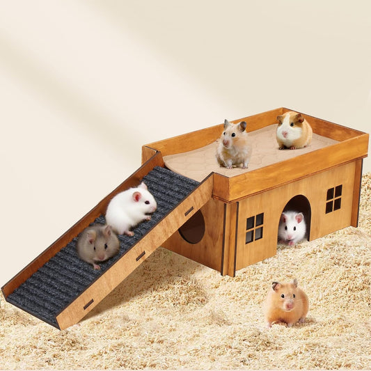 Wooden Guinea Pig Hideout, Large Hamster Hideout, Small Animal House Habitats with Stairs, Upgraded Pets Hut Castle for Guinea Pig, Bunny, Chinchillas, Hamster, Rabbit
