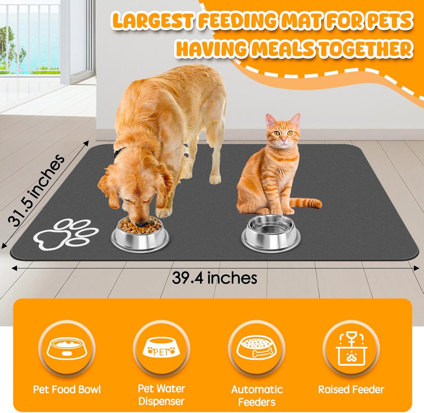 Dog Food Mat, 39.4"x31.5" Largest Absorbent Dog Mat for Food and Water, Non Skid Cat Bowl Mat, No Stains Quick Dry for Pet Water Dispenser Pet Supplies for Messy Drinkers