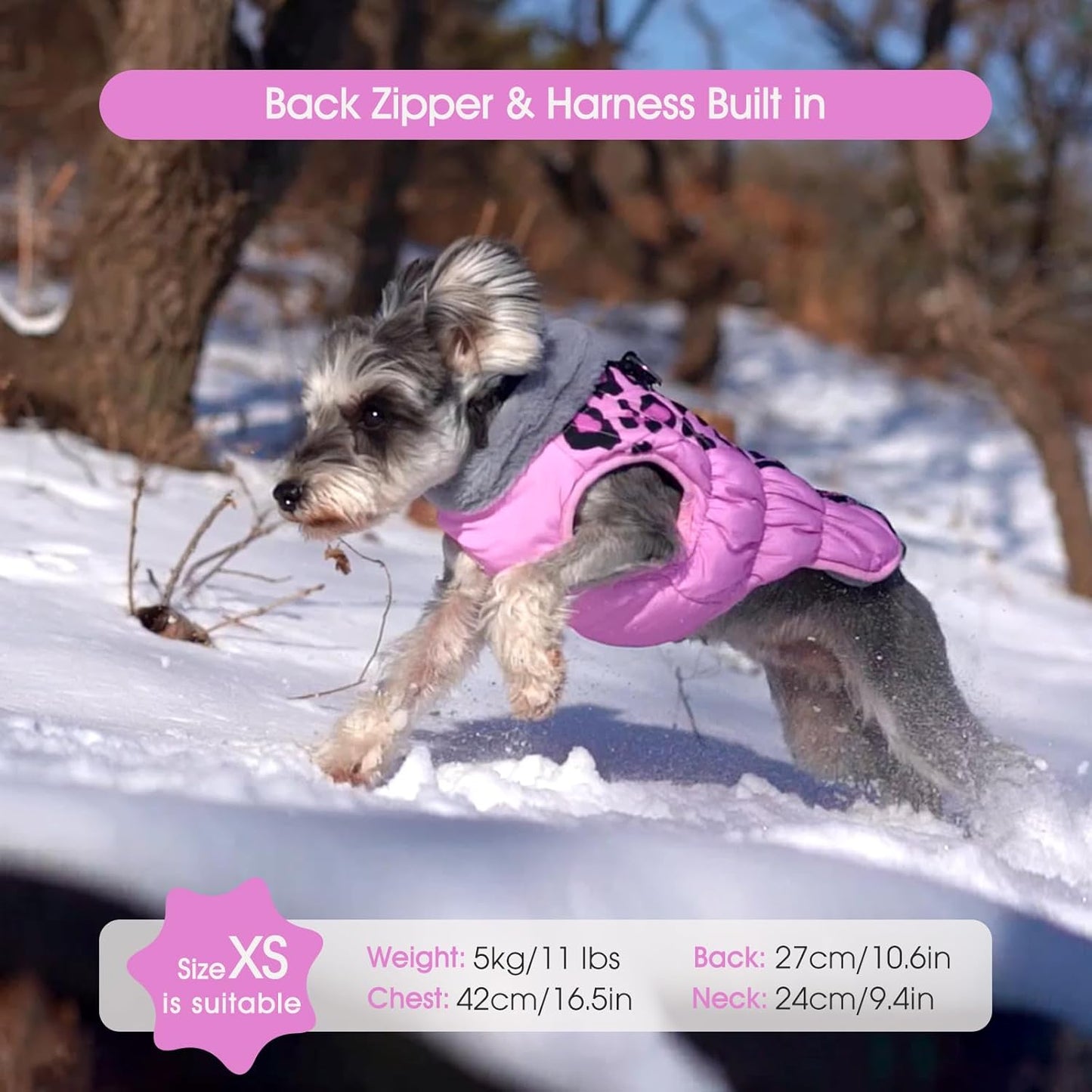 FUAMEY Dog Coat for Large Dogs,Waterproof Dog Winter Jacket with Harness Built in Puppy Cold Weather Coats Reflective Pet Vest with Zipper Warm Fleece Dogs Snowsuit Windproof Pink Leopard XXXL