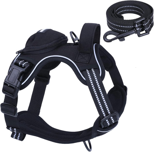 No Pull Dog Harness for Medium Dogs, Adjustable No Choke Pet Vest with Dog Leash Fit Smart Reflective Pet Walking Harness for Training Easy Control Soft Handle Black S