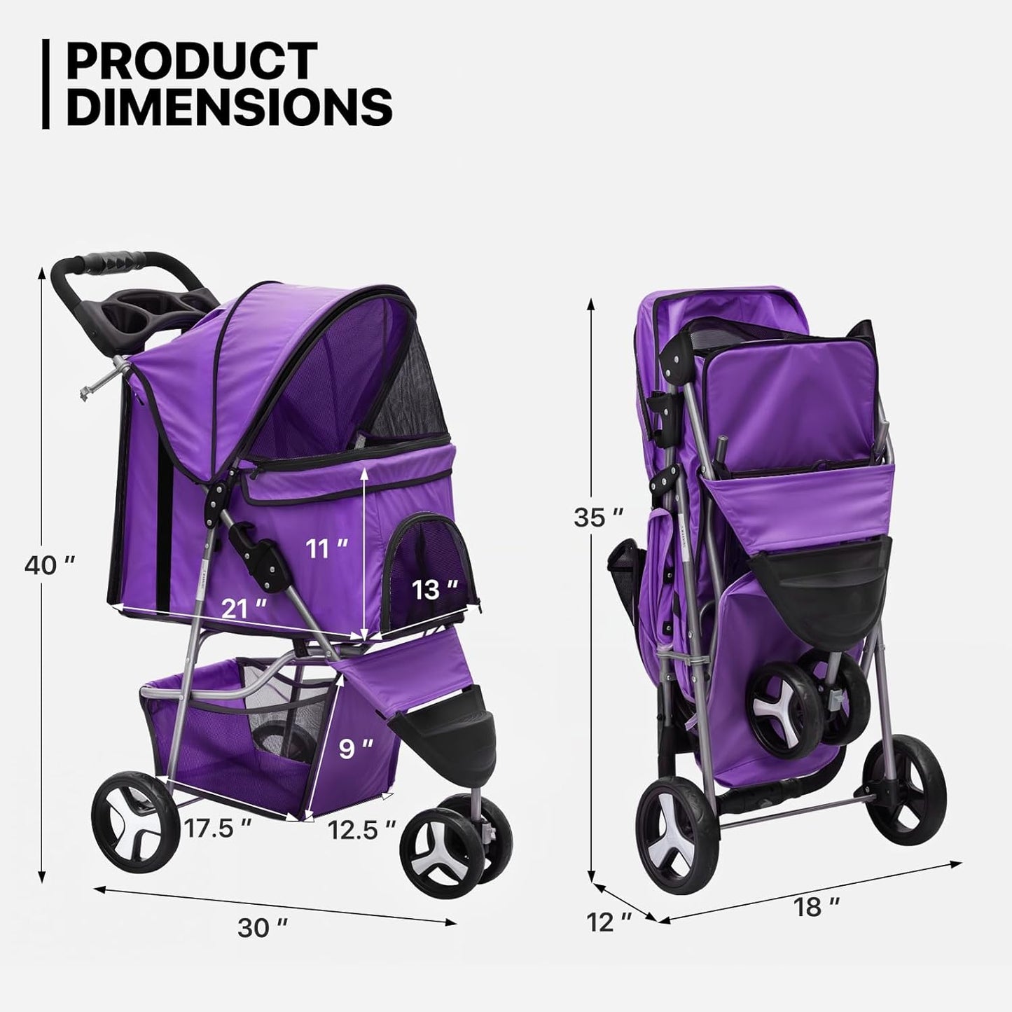 MoNiBloom 3 Wheels Pet Dog Cat Stroller for Small Medium Dogs Cats, Lightweight Foldable Jogger Stroller w/Storage Basket and Cup Holder, Purple