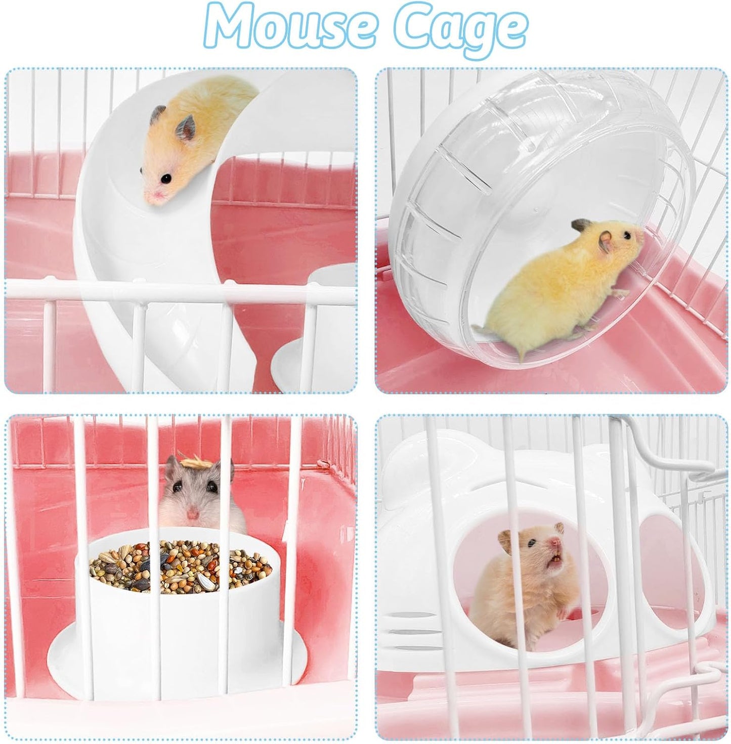 PINVNBY Dwarf Hamster Cage, Small Animal Cages, 2-Tier Travel Portable Mouse Cage Hamster Carrier with Castle House Running Exercise Wheels, Water Bottle and Food Dis（Pink）
