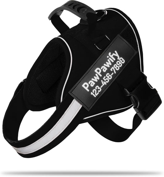 PawPawify Custom No Pull Dog Harness with Name and Phone Number, Heavy Duty Personalized Pet Vest to Prevent Tugging, Pulling, or Choking, Training and Walking (New Black, XL (60-85 LBS))