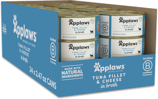 Applaws Wet Cat Food, 24 Count, Limited Ingredient Canned Wet Cat Food, Tuna Fillet with Cheese in Broth, 2.47oz Cans