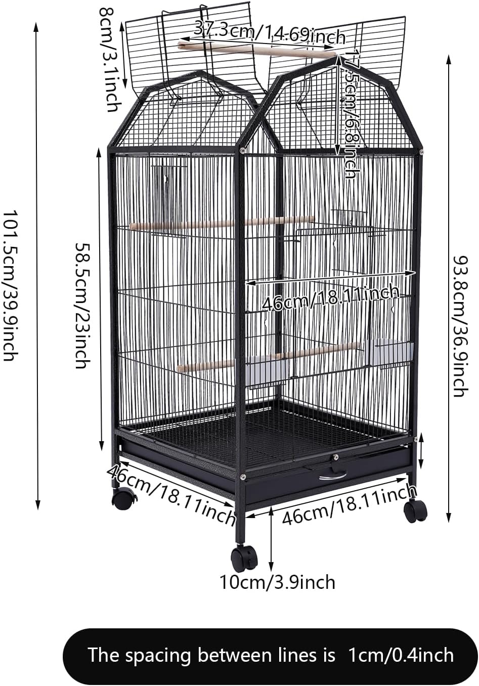40-Inch Wrought Iron Bird Cage with Open-Top and Rolling Stand, Movable Parrot Cage Pet Bird Flight Cage, 360 Degree View Spacious Interactive Roof Pet Bird House for Medium&Small Birds