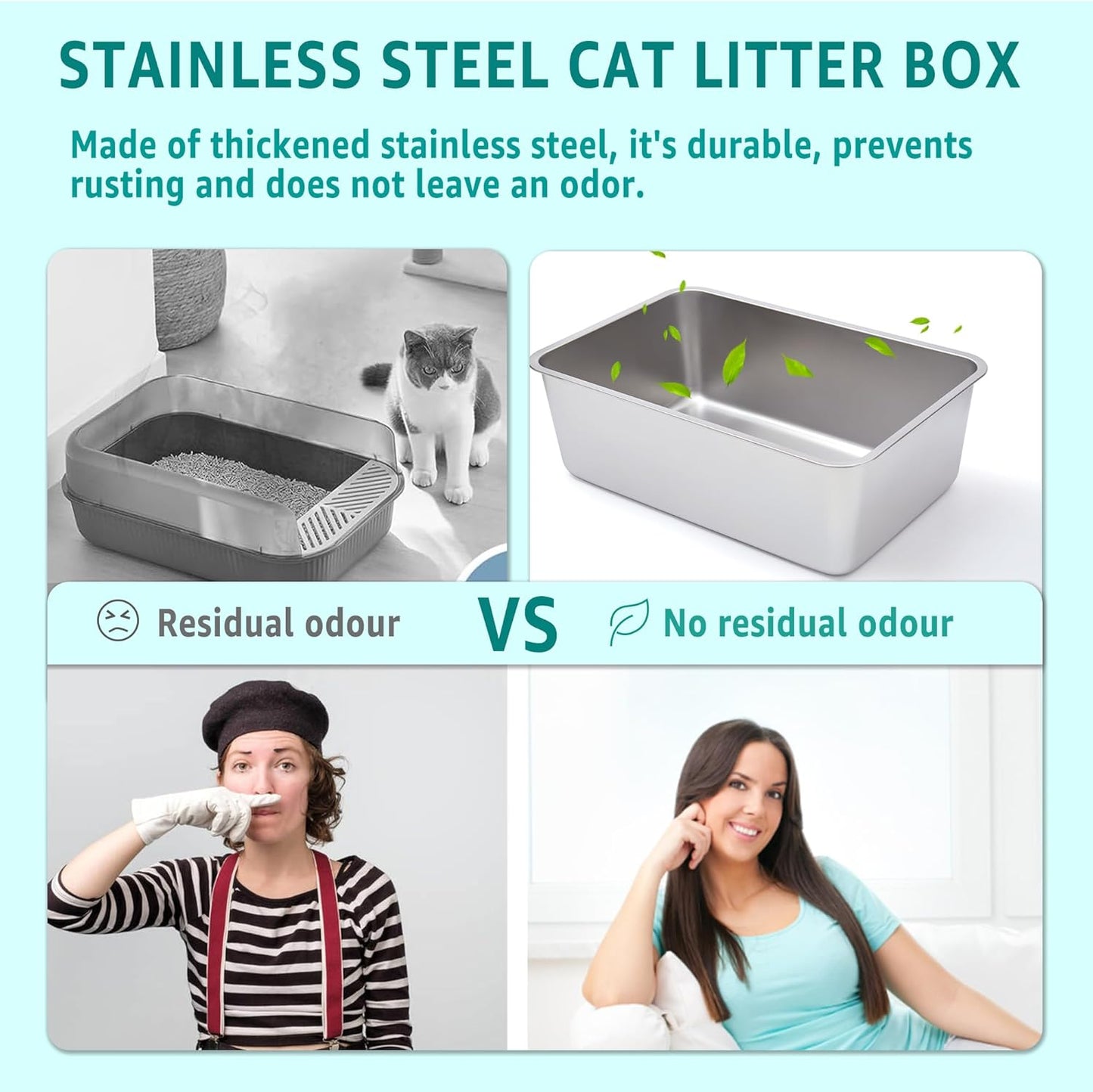 Stainless Steel Litter Box,XXL Metal Cat Litter Box for Big Cats 8IN Deep, Cat LitterBox High Sided Pet Toilet Easy to Clean,Cats Litter Pan for Adult Cats,Non Stick, No Smell