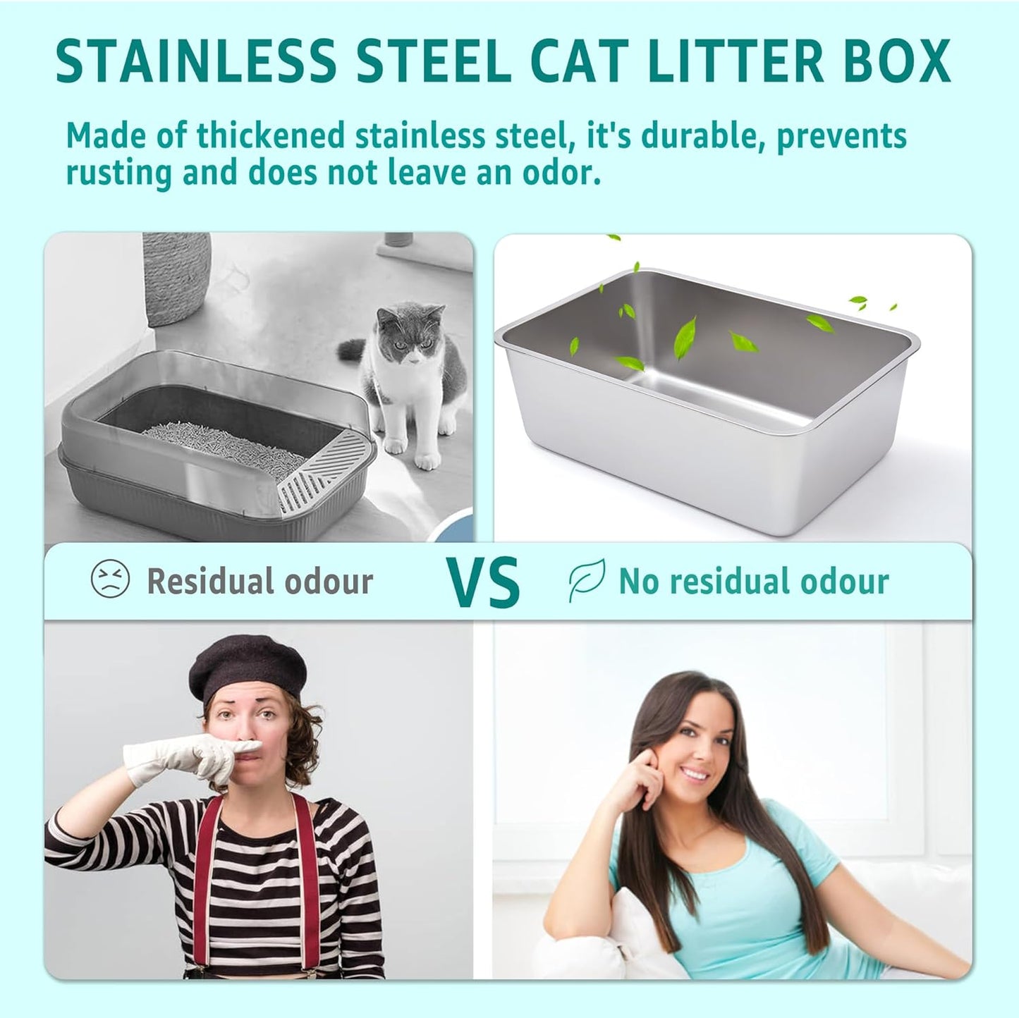Stainless Steel Litter Box -6in High Side,Metal Litter Box for Cat/Kitty/Rabbits 17" L x 13.8" W x 6" H，Stainless Steel Cat LitterBox-Metal PanToilet,No Smell, Non Stick, Easy Clean.