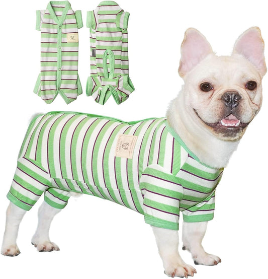 TONY HOBY Dog Pajamas, Male Dog Jumpsuit with Green Stripe, Dogs Clothes for Small Medium Size Dogs (Green&White, Boy, S)