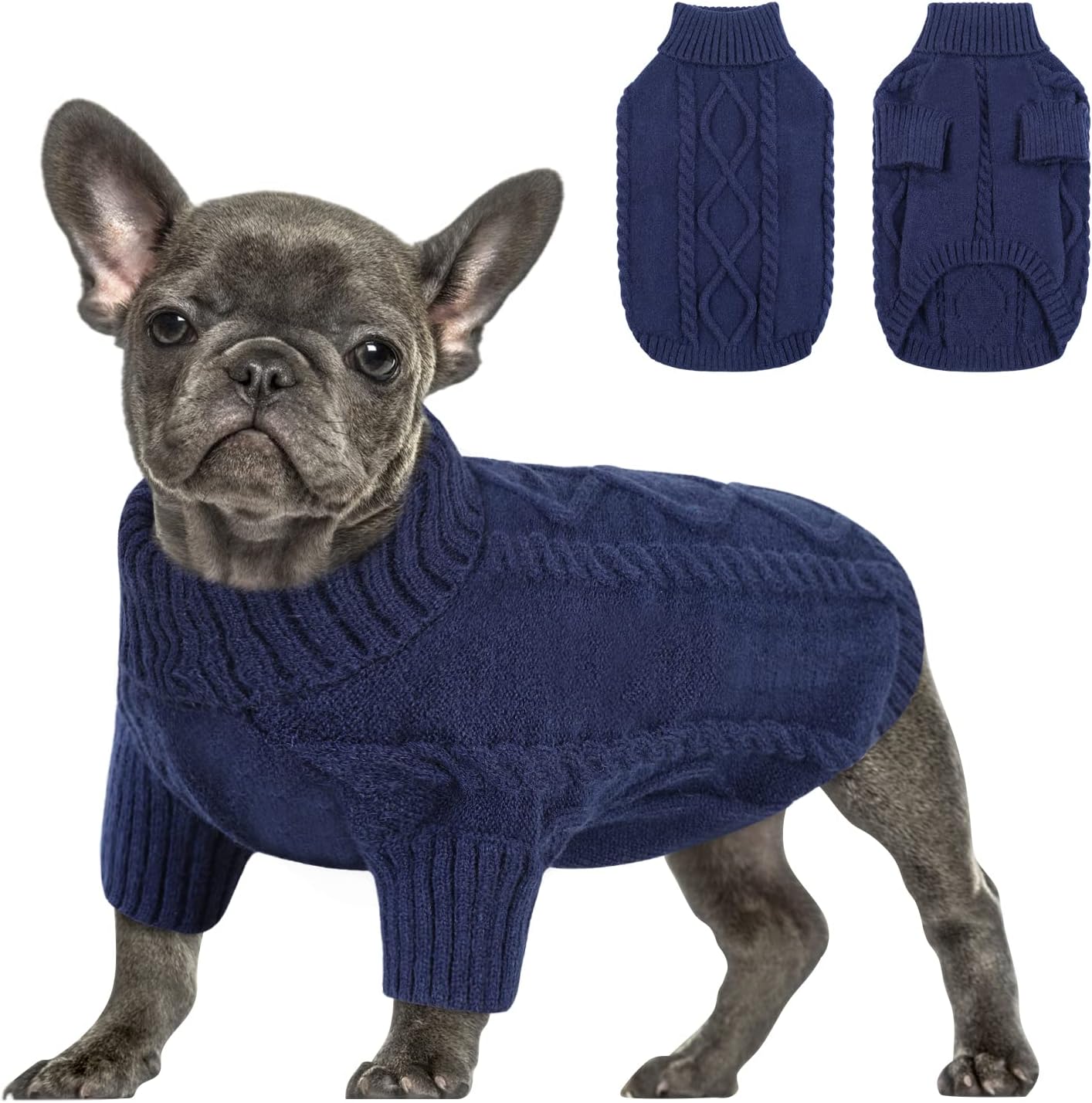 Queenmore Small Dog Pullover Sweater, Cold Weather Cable Knitwear, Classic Turtleneck Thick Warm Clothes for Chihuahua, Bulldog, Dachshund, Pug (Dark Navy, Small)