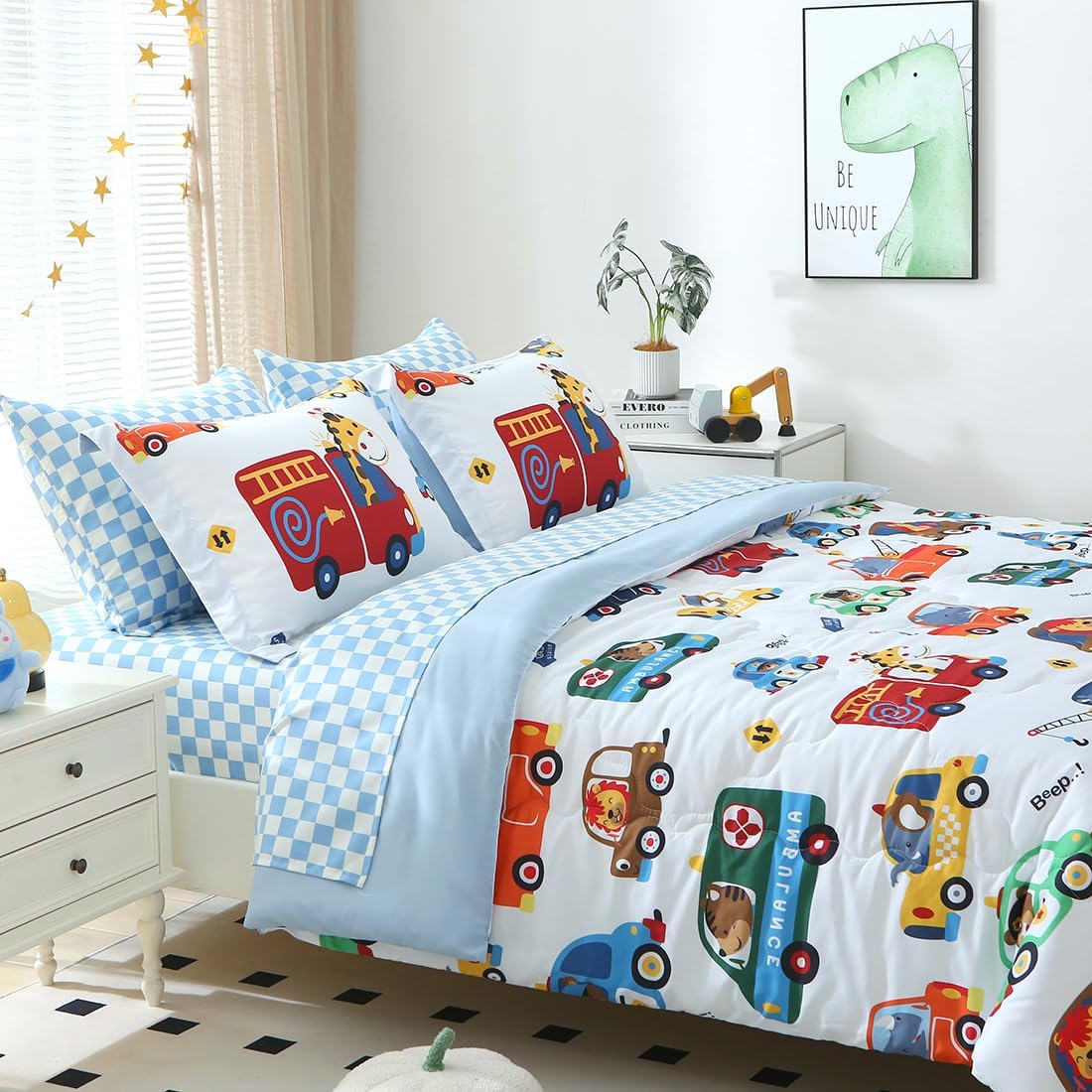Kids Cars Animal Comforter Set Twin Size for Boys Girls Teens 7 Piece Cartoon Construction Fire Truck Excavator Police Ambulance Lion Cat Dog Elephant Bedding Set Bed in A Bag,Colourful