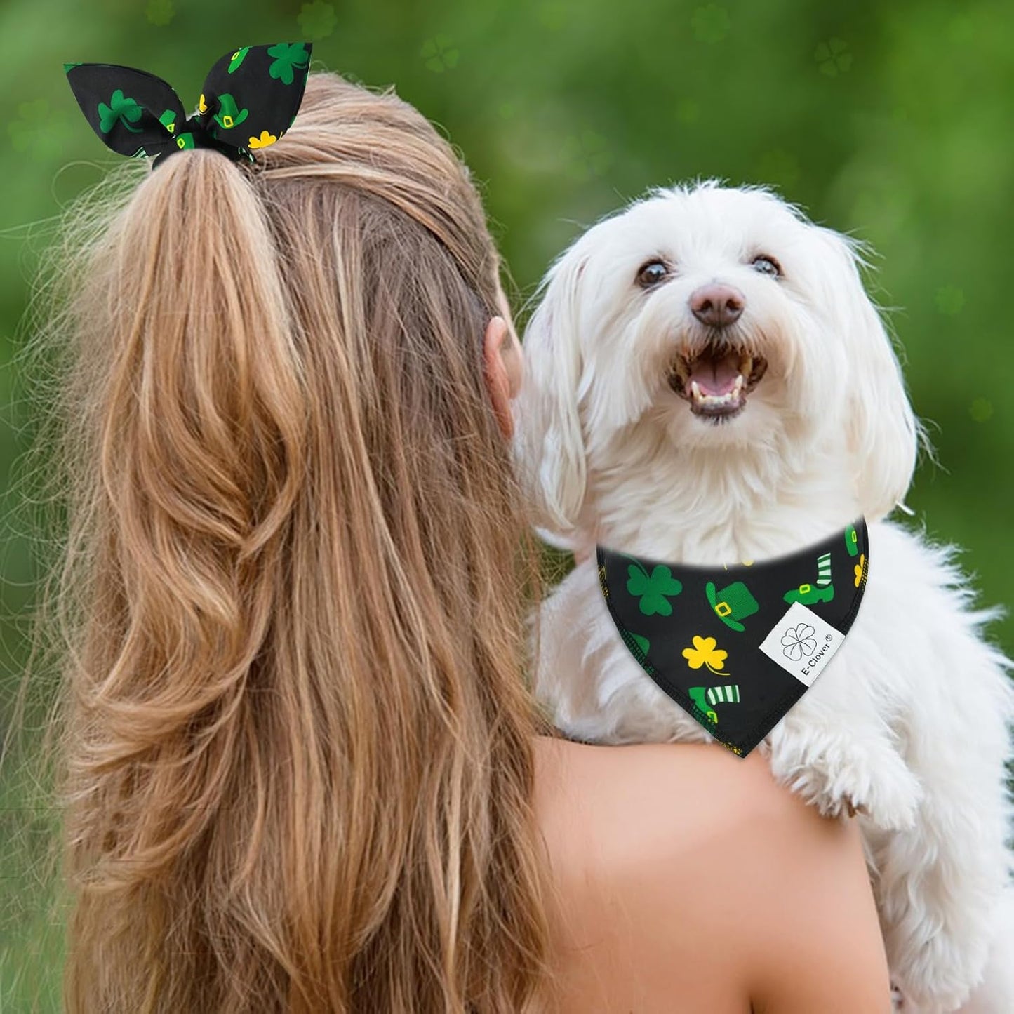 E-Clover Dog Bandana Boy & Matching Scrunchie-Shamrock Dog Bandanas Irish Pet Scarf Bib for Samll Dogs Puppy Girl Owner Gift Dark Green