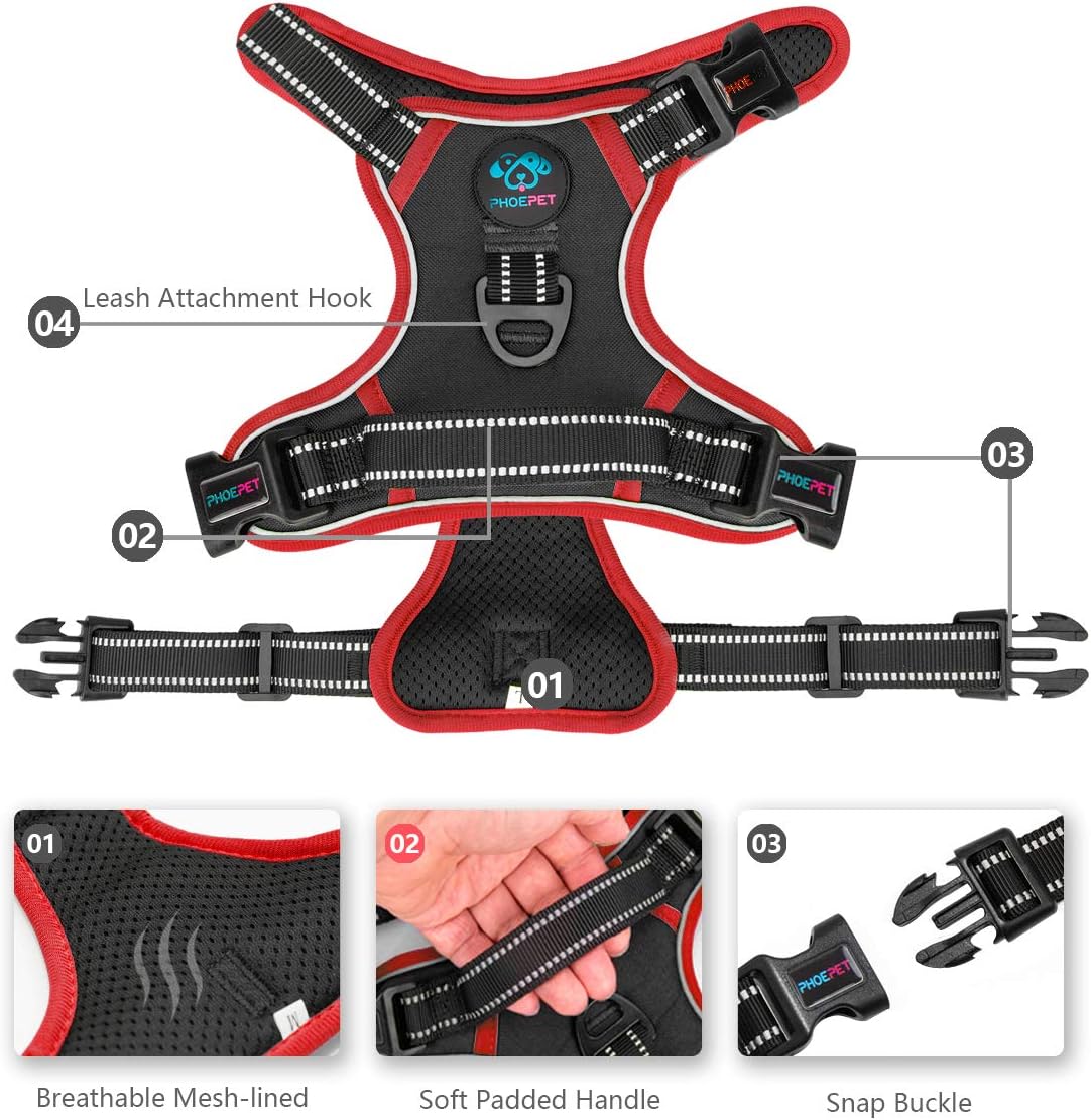 PHOEPET 2019 Upgraded No Pull Dog Harness, Reflective Adjustable Vest, with a Training Handle + 2 Metal Leash Hooks+ 3 Snap Buckles +4 Slide Buckles(XS, Black)