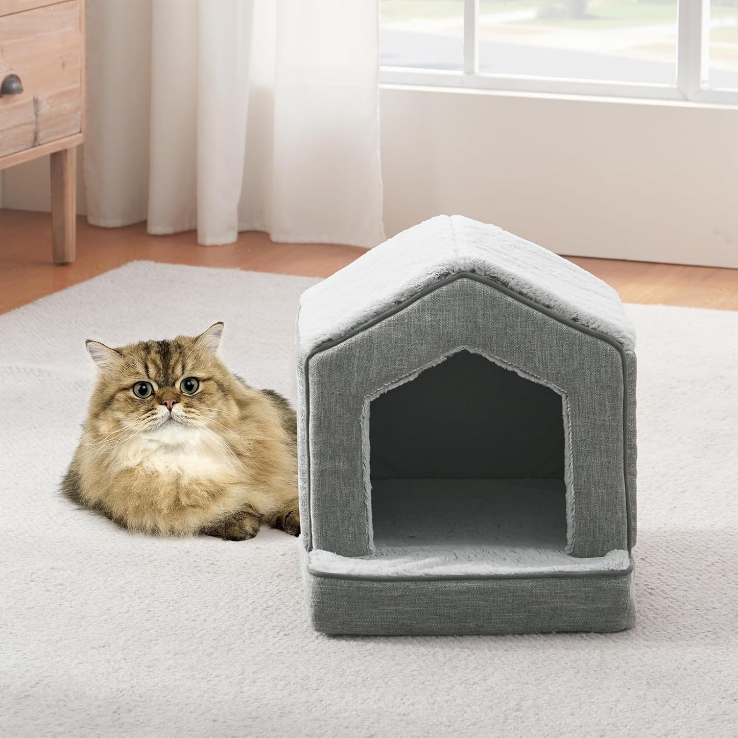 Orthopedic Cat Houses for Indoor Cats,Small Dogs,Super Soft Cat Bed Cave,Condos, Cubes,Cat Hideaway,Covered,Cat Bed for Kitty Small Medium Large Pet (Gray, 18" L x 15" W x 17" Th)