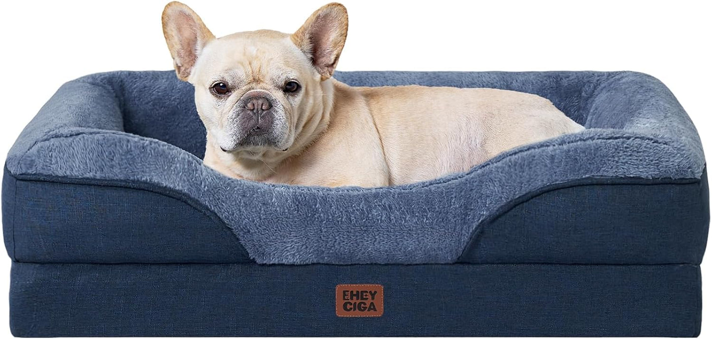 EHEYCIGA Memory Foam Dog Bed for Medium Size, Orthopedic Dog Sofa with Sides and Waterproof Liner, Washable Bolster Pet Couch with Removable Cover, 30x20x6.5 Inch, Navy